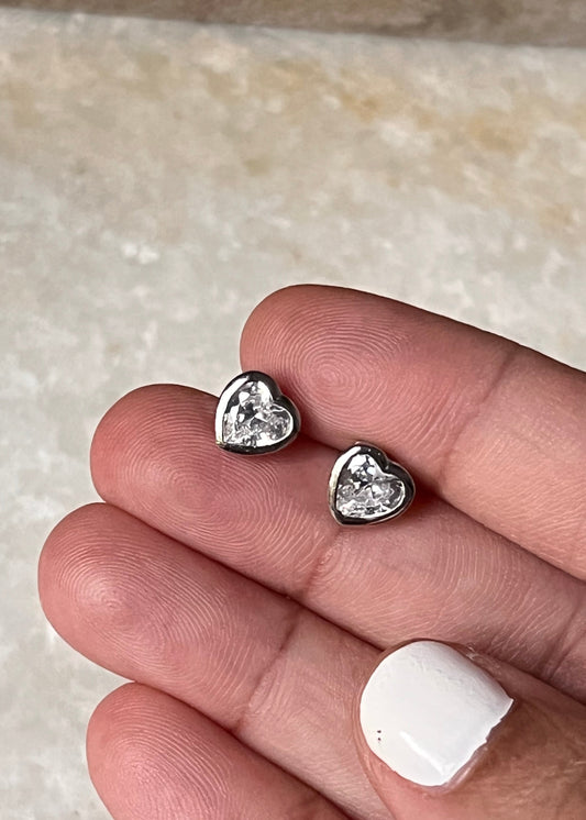 Stylish Heart CZ Covered Side 925 Sterling Silver Screw Stud Earrings