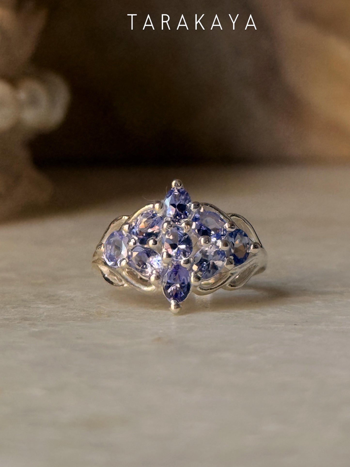 925 Sterling Silver Natural Tanzanite Faceted Flower Vintage Style Band Statement Ring