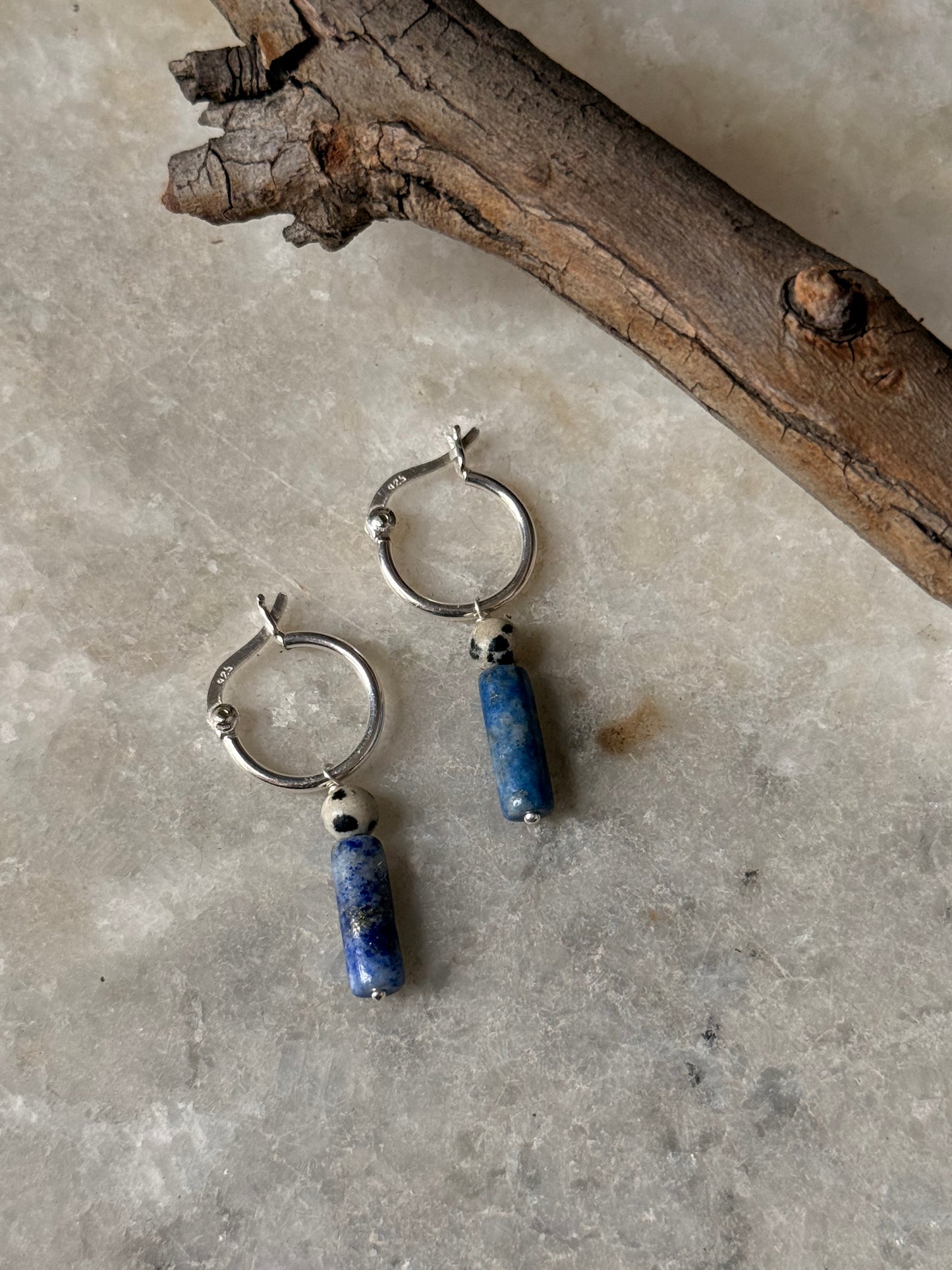 925 Sterling Silver Lapis, Dalmation Jasper Italian Hoops