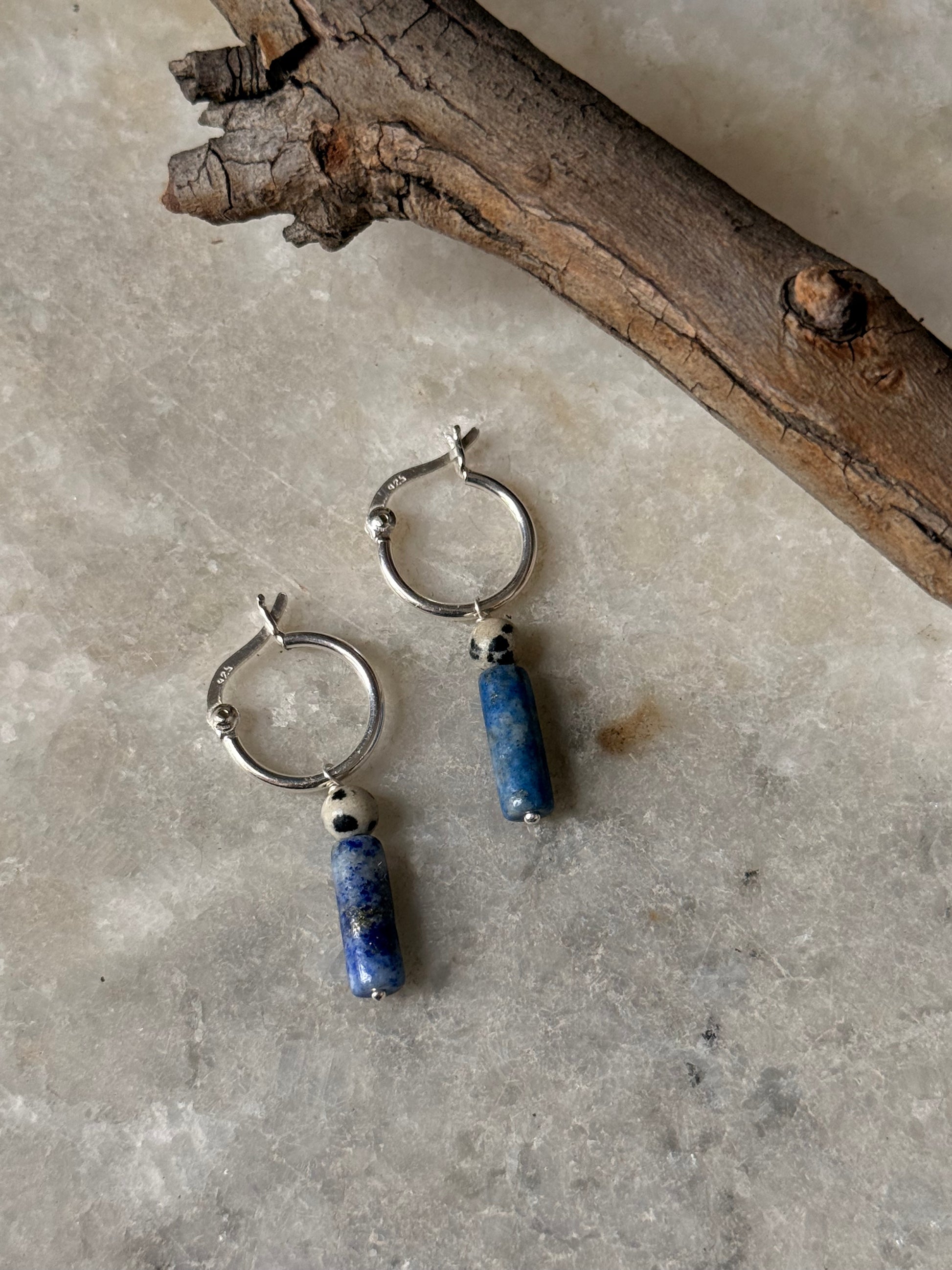 925 Sterling Silver Lapis, Dalmation Jasper Italian Hoops