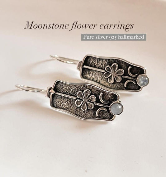 Sterling Silver Rustic Flower Statement Hook Earrings with Moonstone