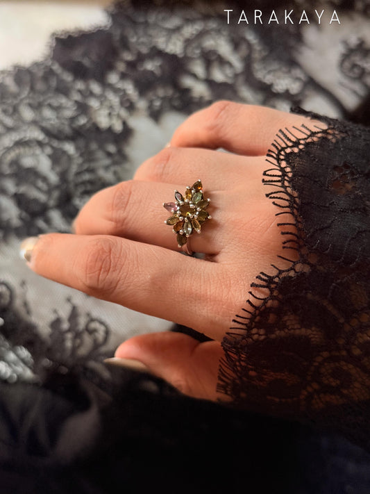 925 Sterling Silver Multi Tourmaline Flower Statement Ring