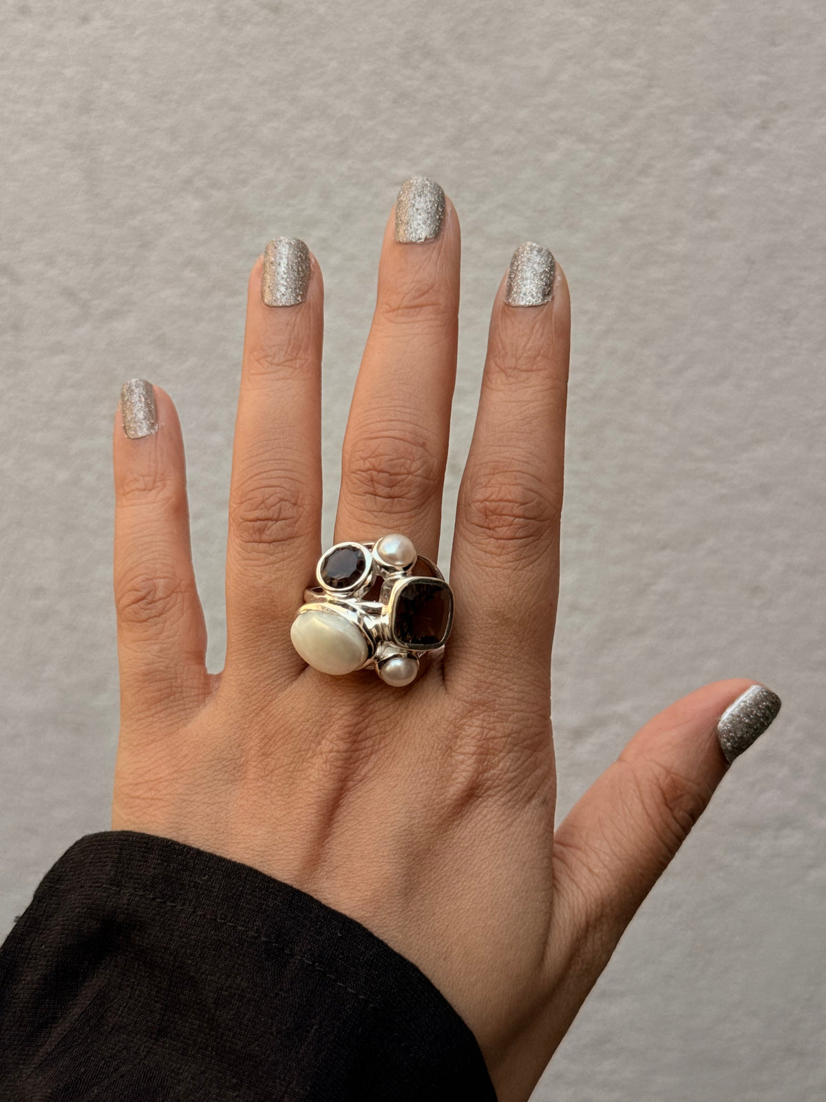 925 Sterling Silver Fresh Water Pearls & Smokey Quartz Cluster Statement Ring