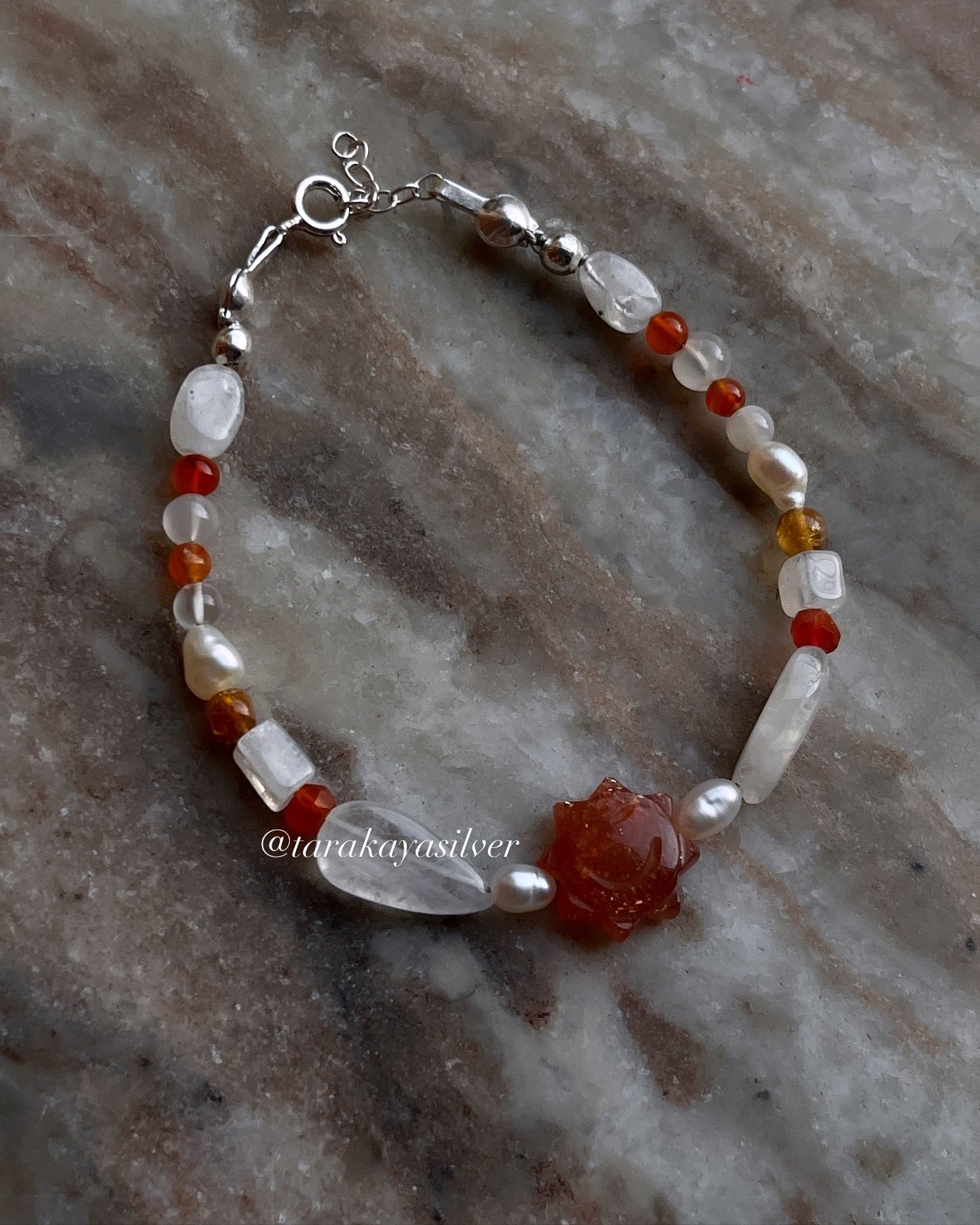 Natural sunstone silver bracelet with celestial sun design  