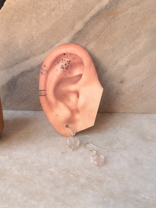 925 Sterling Silver Rose Quartz Heart Crystal Hook Earrings