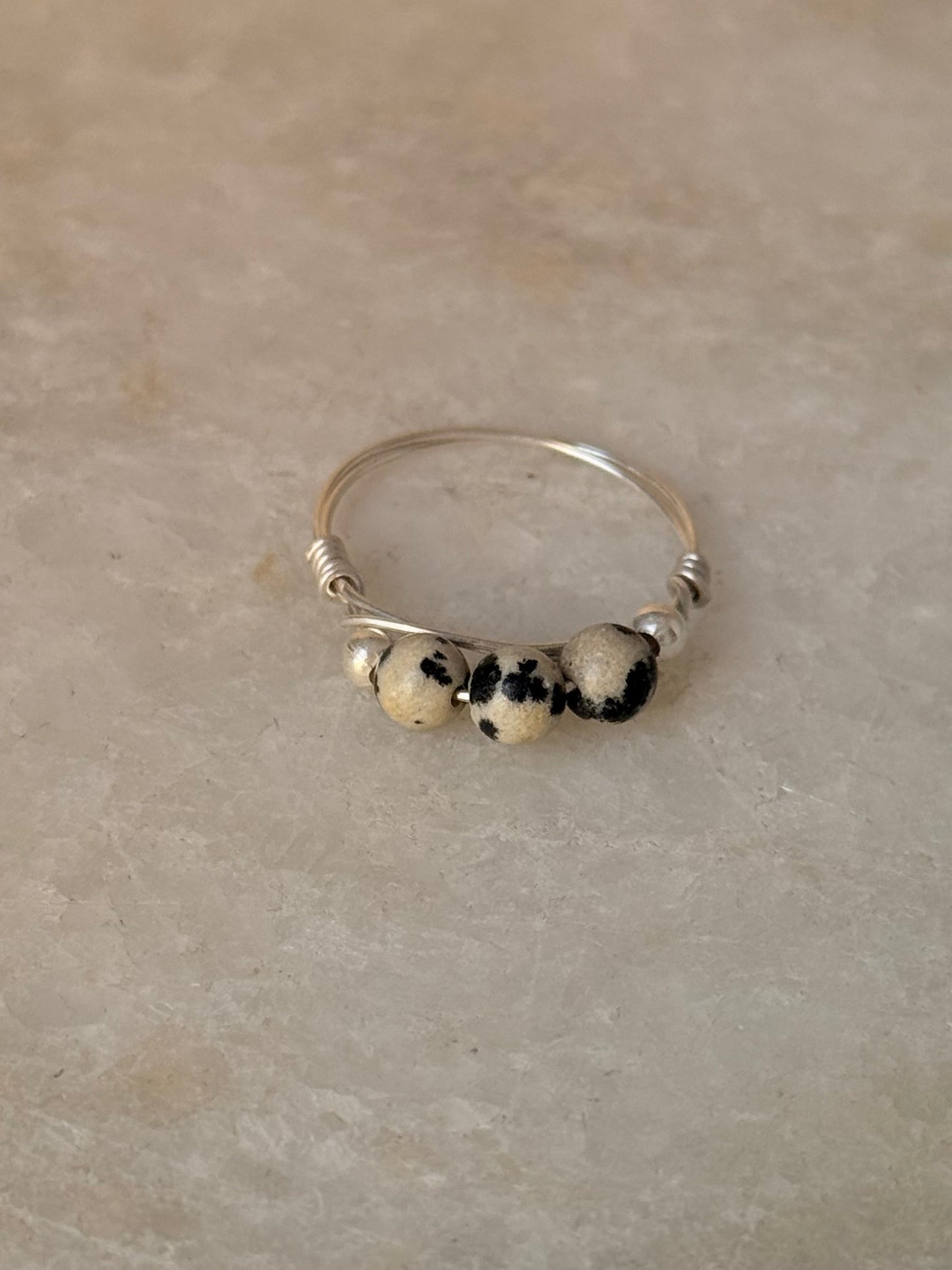 925 Sterling Silver Dalmatian Jasper Crystal - Silver balls Wire Wrapped Handcrafted Ring