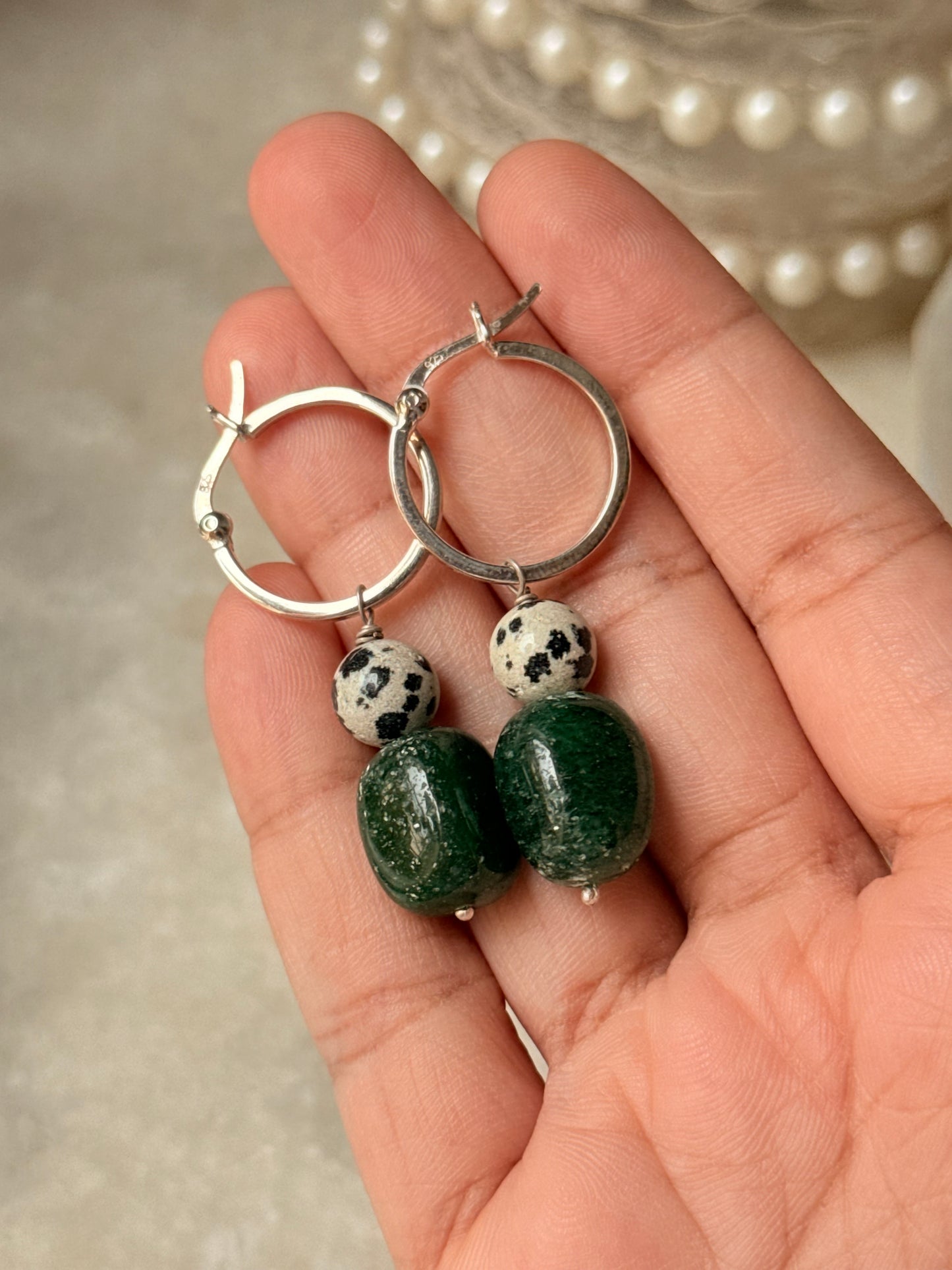 925 Sterling Silver Green Aventurine & Dalmation Jasper Hoops Earrings