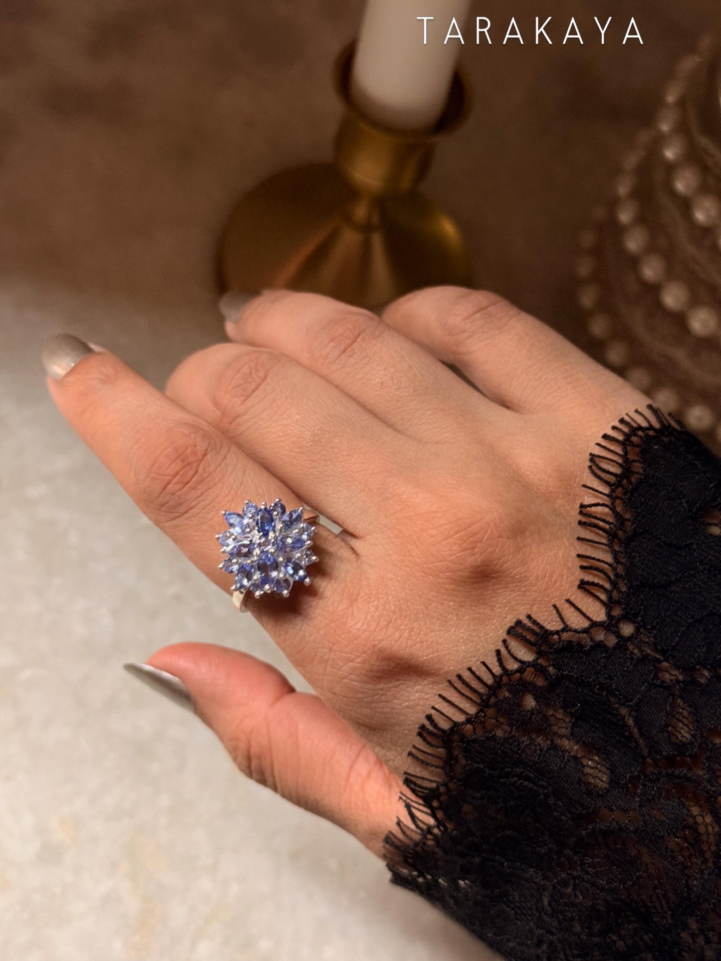 925 Sterling Silver Natural Tanzanite Faceted Big Flower Statement Ring