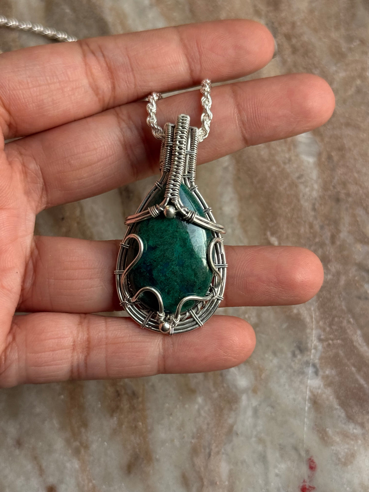 925 Sterling Silver Azurite Pear Wire Wrapped Handcrafted One of a Kind Pendant