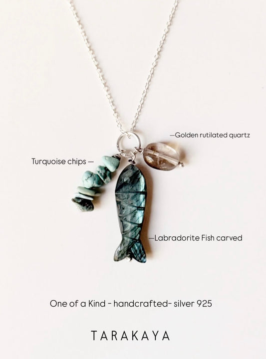 925 Sterling Silver Labradorite Fish, Turquoise Chips & Golden Rutilated Quartz Handcrafted Necklace