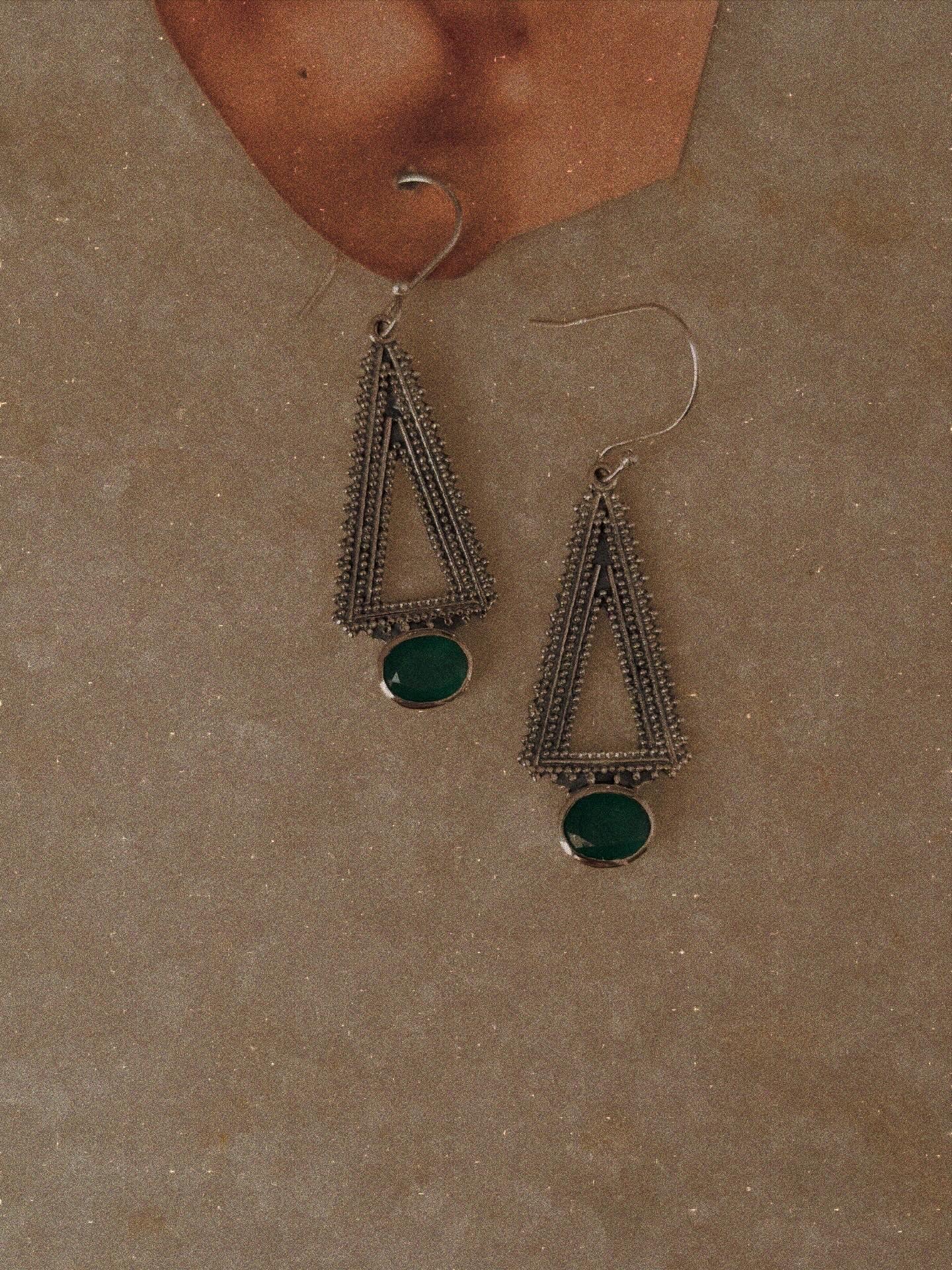 925 Sterling silver Green Onyx Triangle Tribal Earrings
