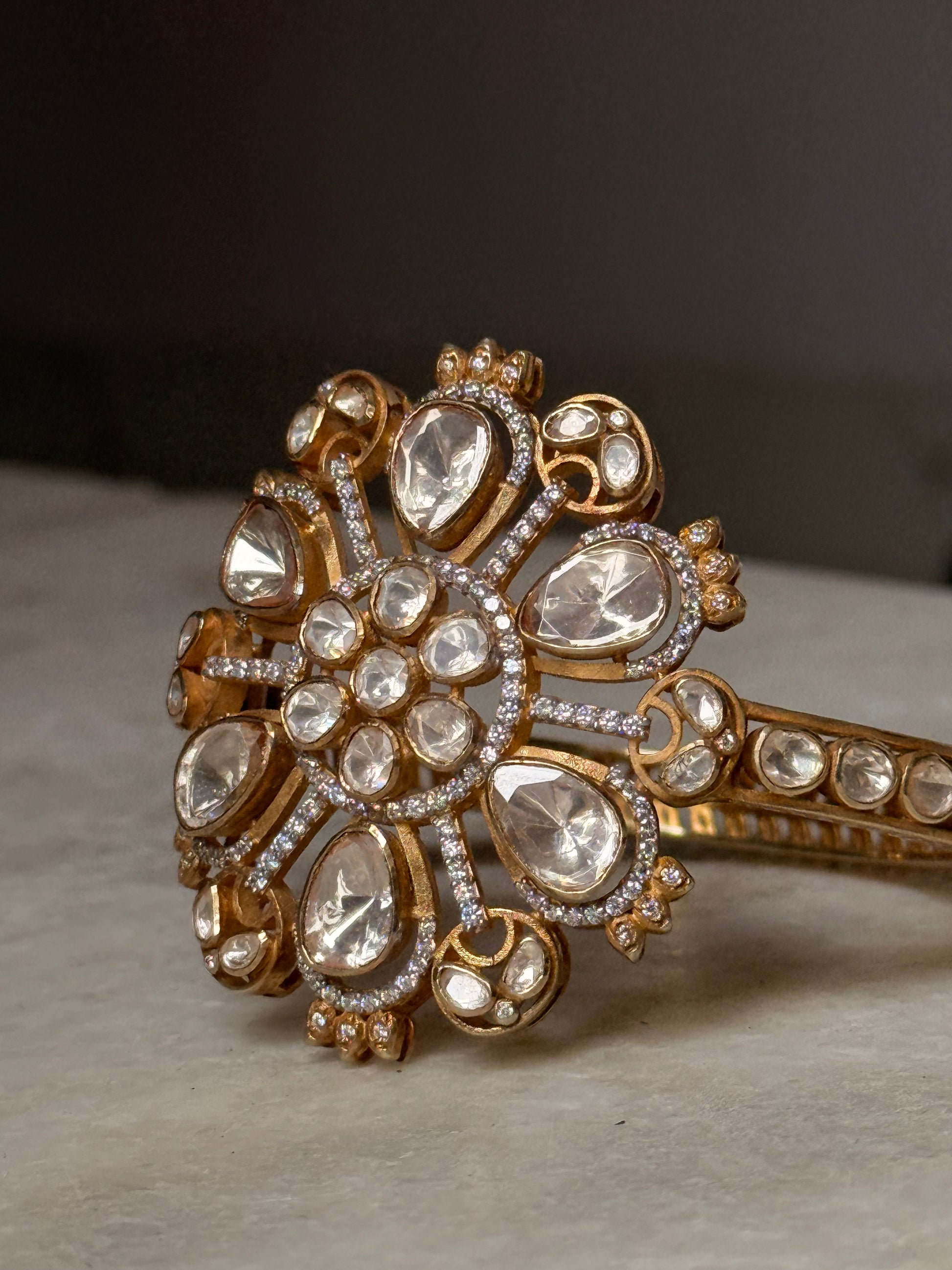 Elegant 925 Sterling Silver Gold Plated Polki Cuff Bracelet with Antique Moissanite