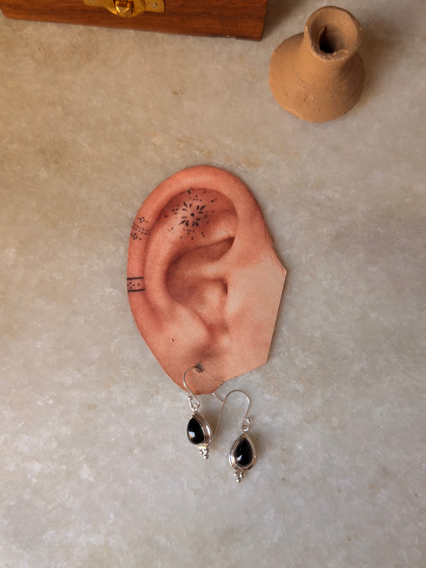 925 Sterling Silver Black Onyx Pear Rawa Handcrafted Hook Earrings