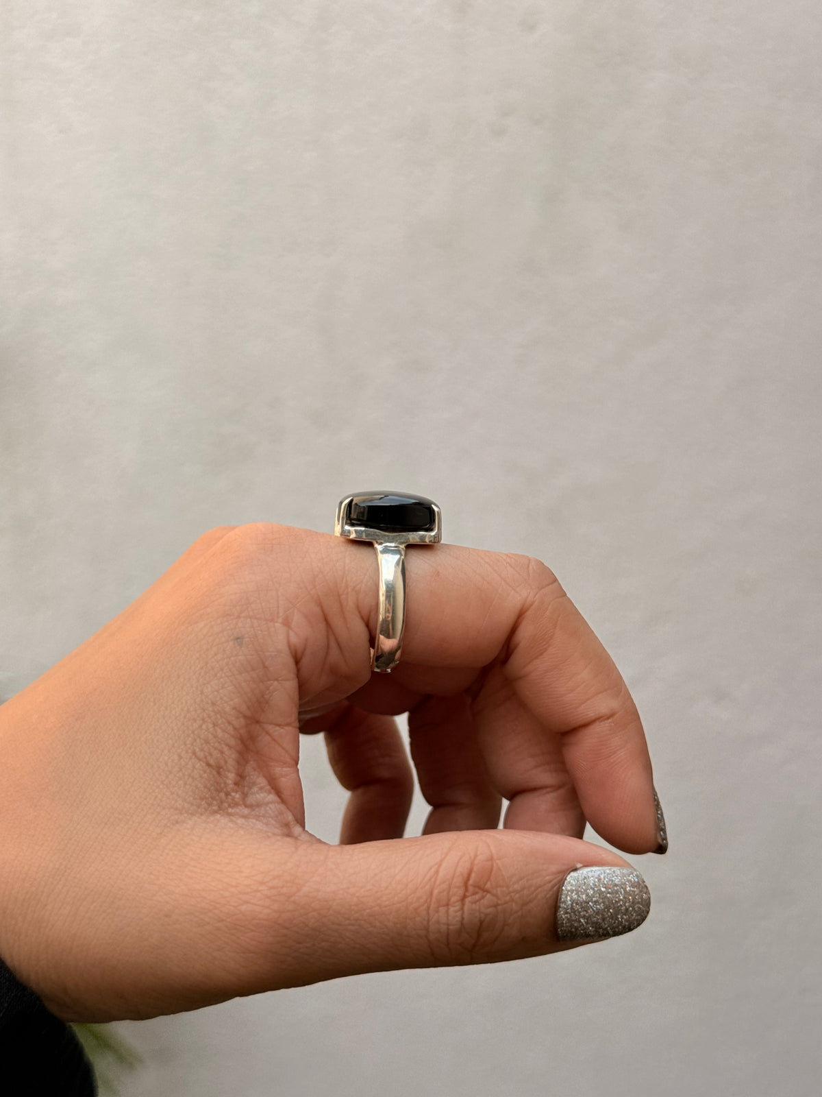 925 Sterling Silver Black Onyx Square Prong Setting Contemporary Style Ring