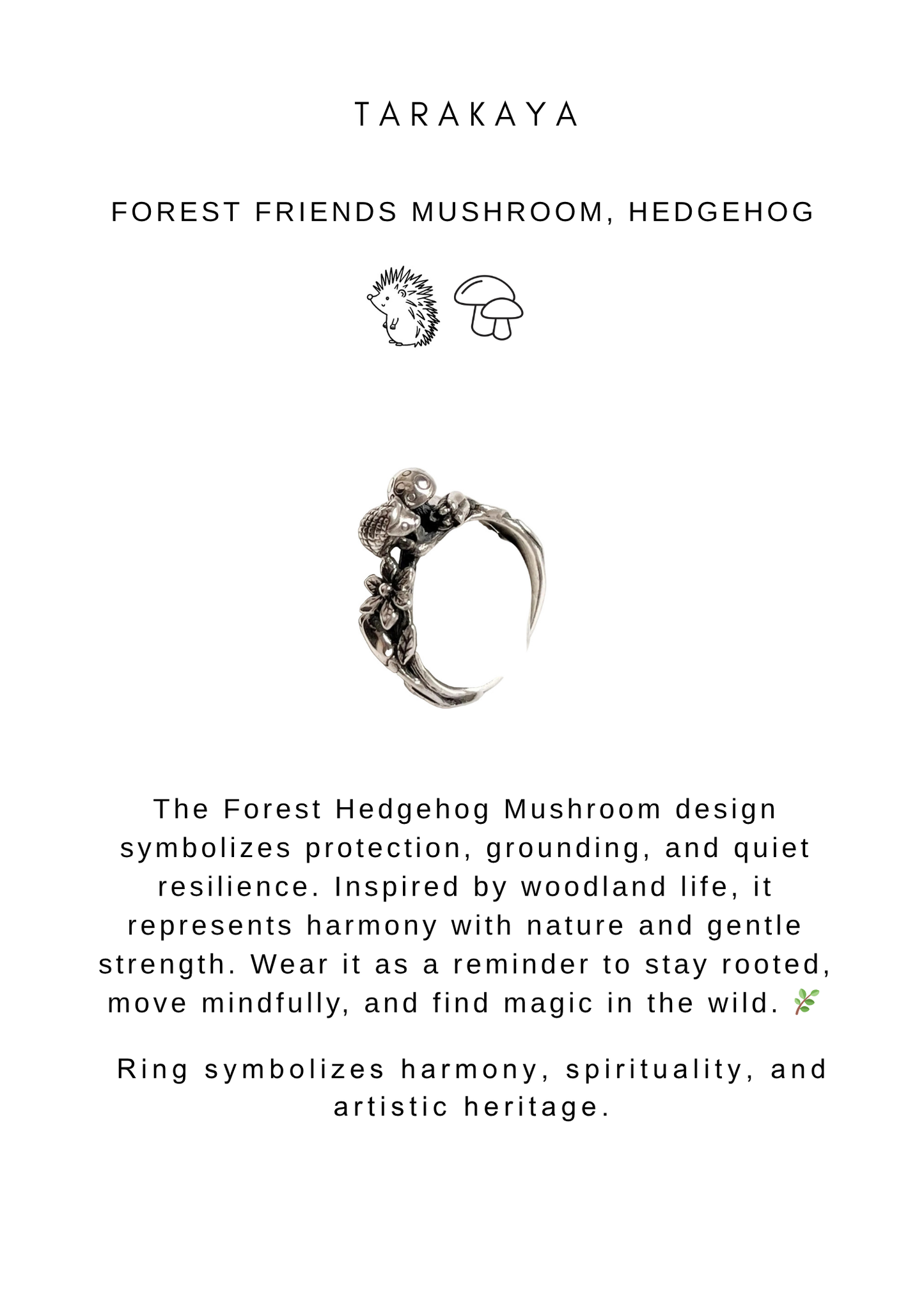 925 Sterling Silver Forest Boho Enchantment (Hedgehog, Mushroom) Ring