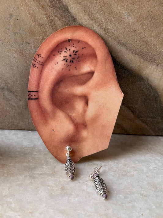 925 Sterling Silver Boho Lavender Beads Studs Earrings