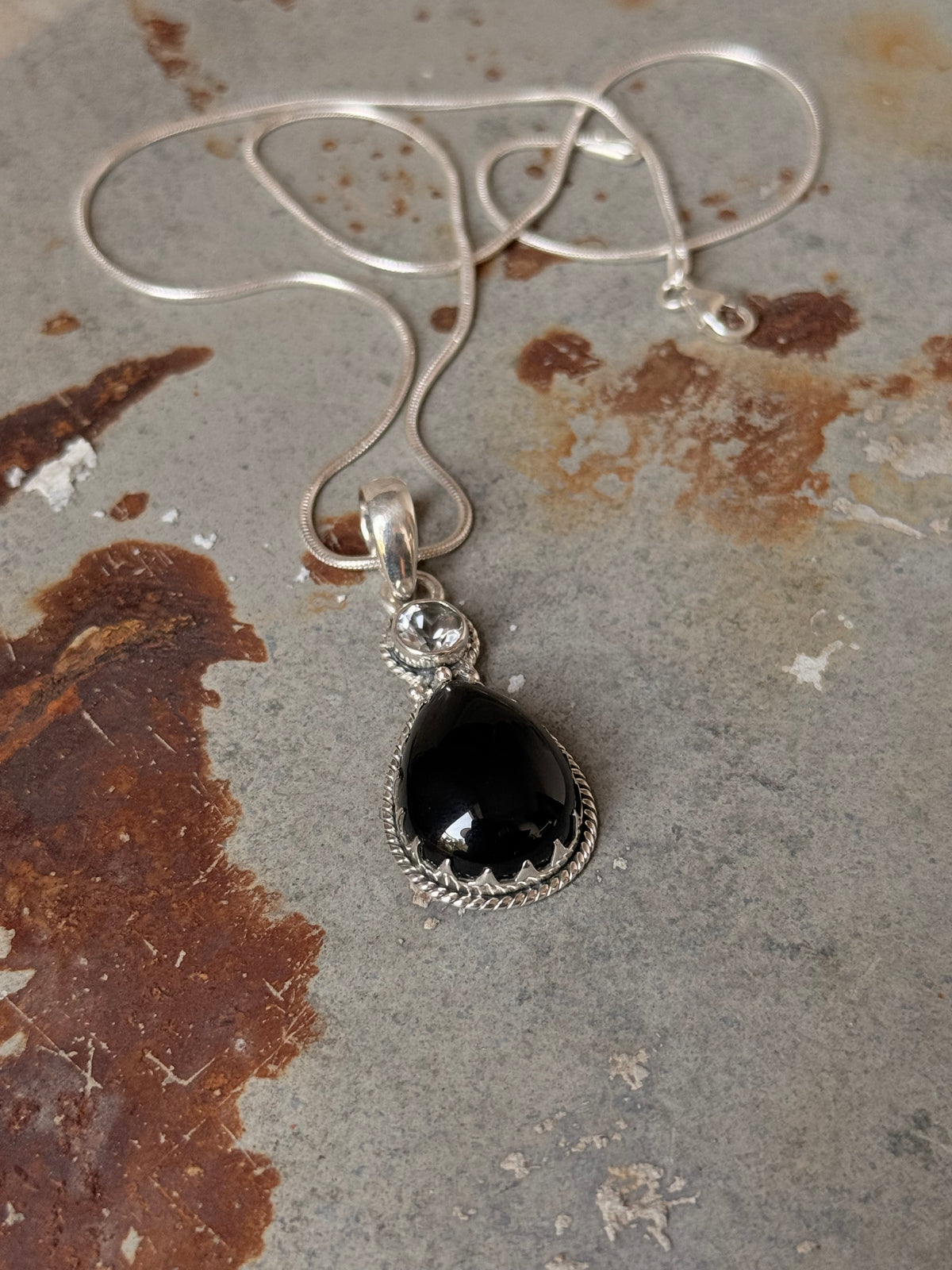 925 Sterling Silver Black Onyx Pear White Topaz Round Handcrafted One of a Kind Pendant