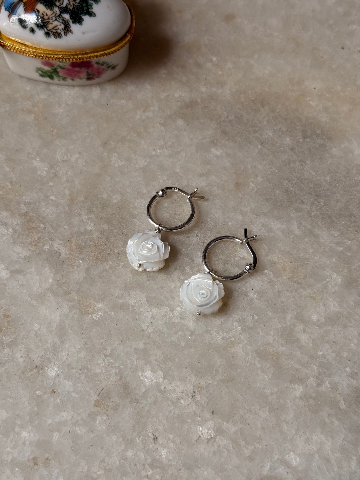 925 Sterling Silver Mother of Pearl Rose Carved Charm Italian Hoops