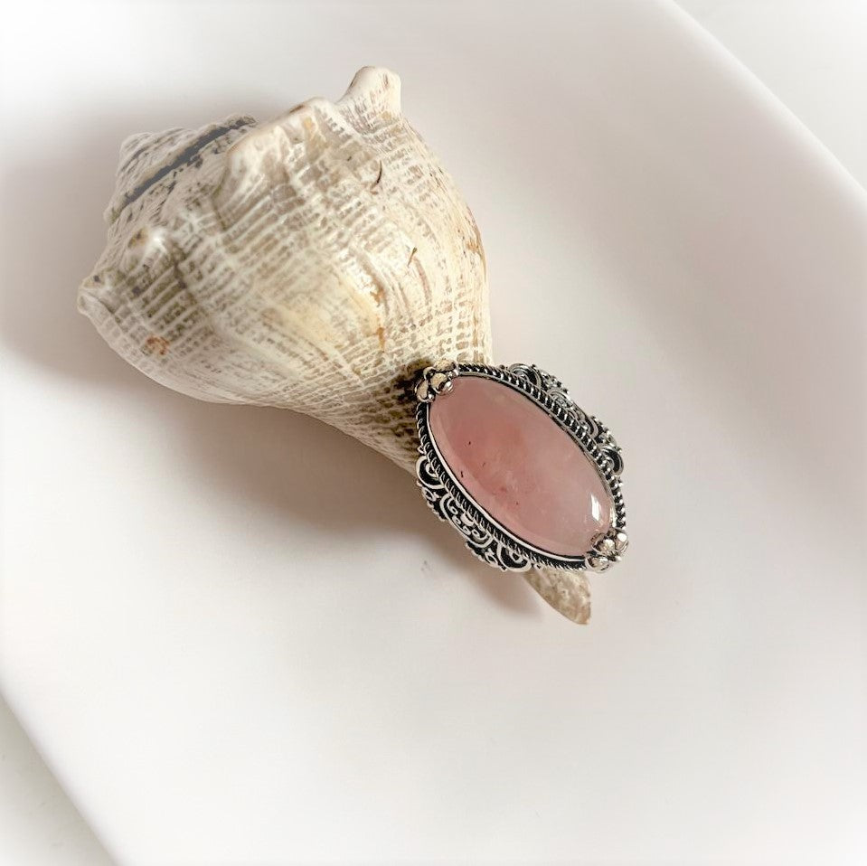 Handcrafted Rose Quartz Oval Statement Ring in Boho Silver