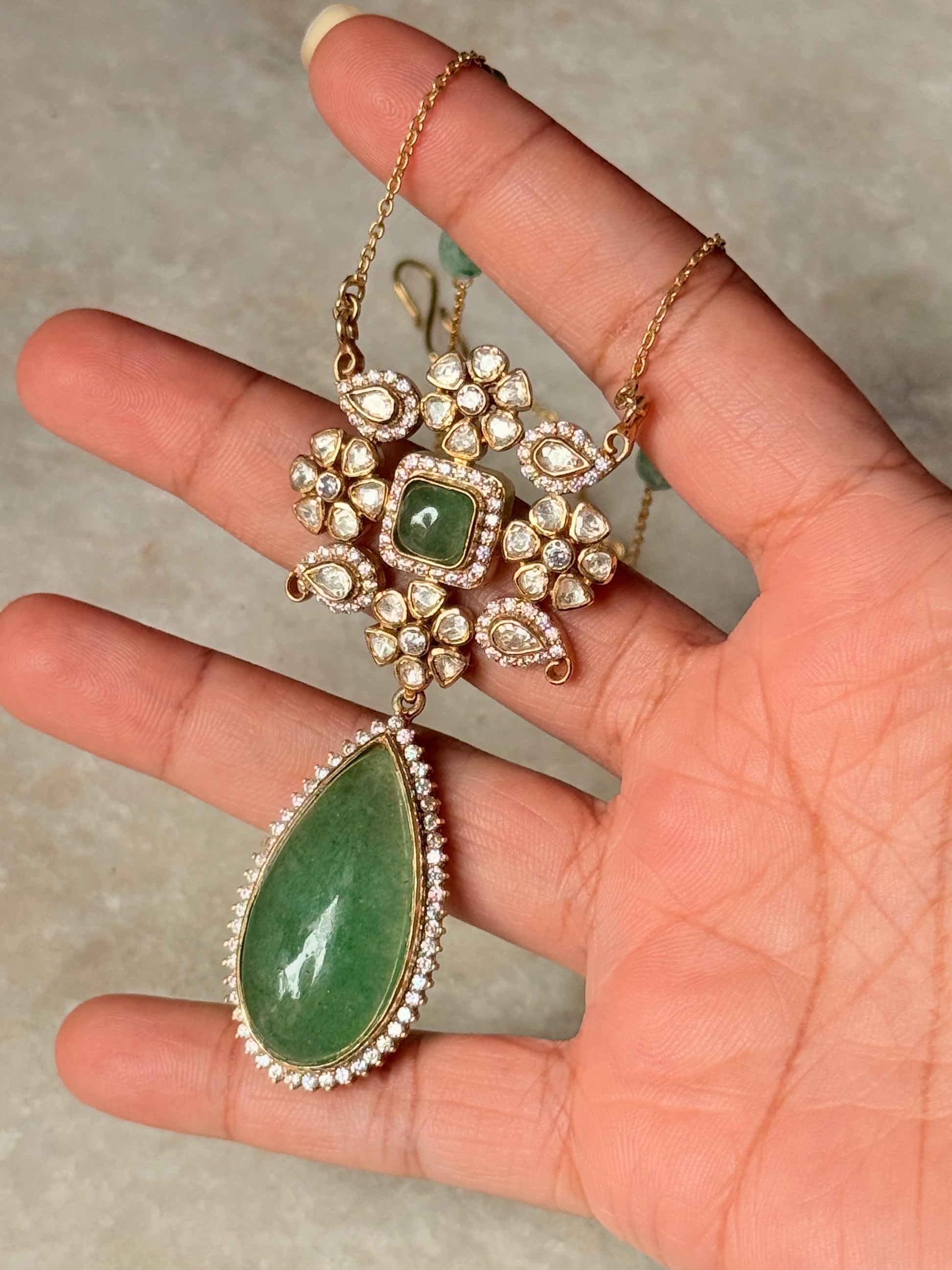 925 Sterling Silver Gold Plated Green Onyx Antique Moissanite Polki Pear Drop Necklace