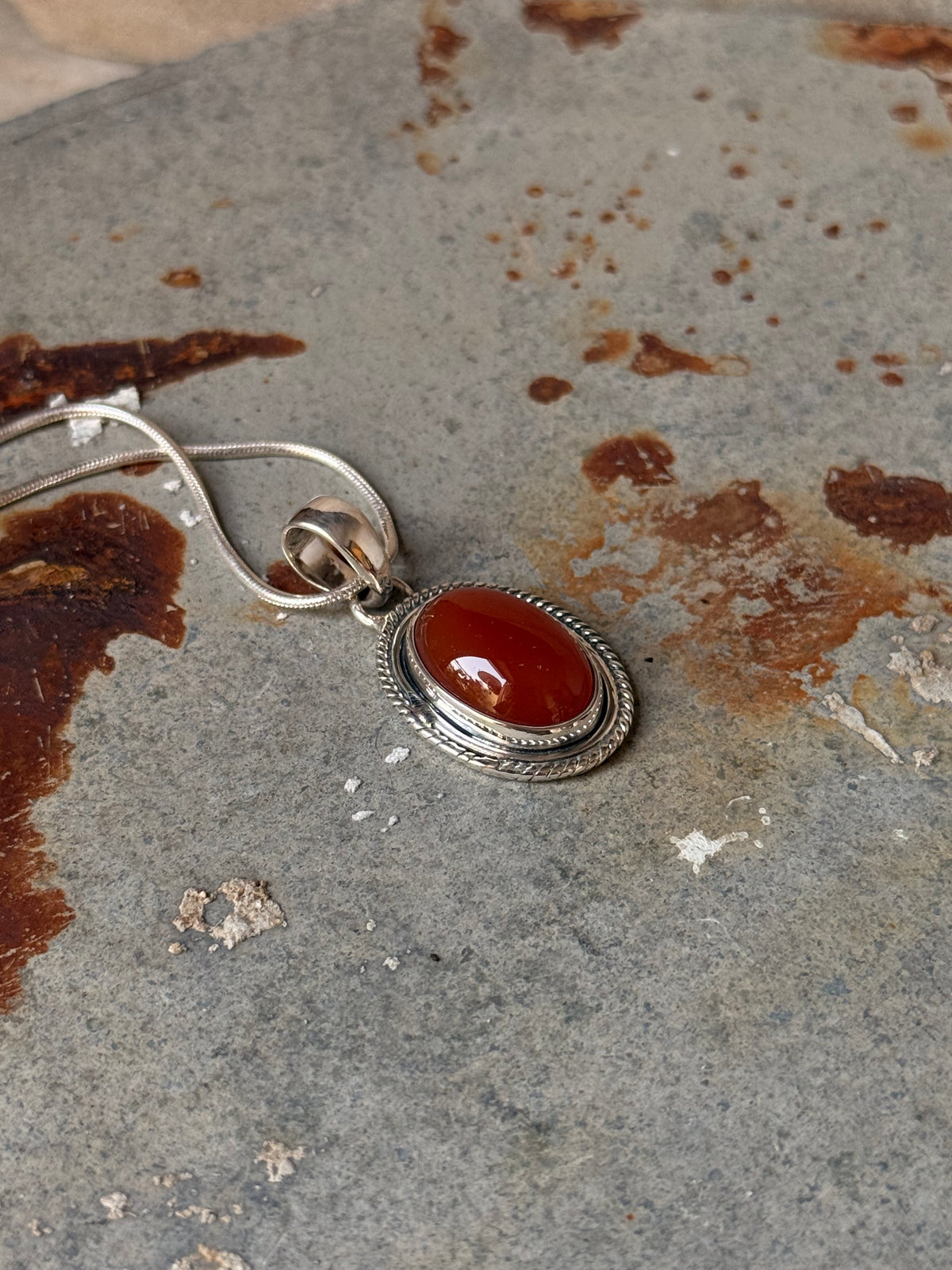 925 Sterling Silver Carnelian Oval Handcrafted One of a Kind Statement Pendant