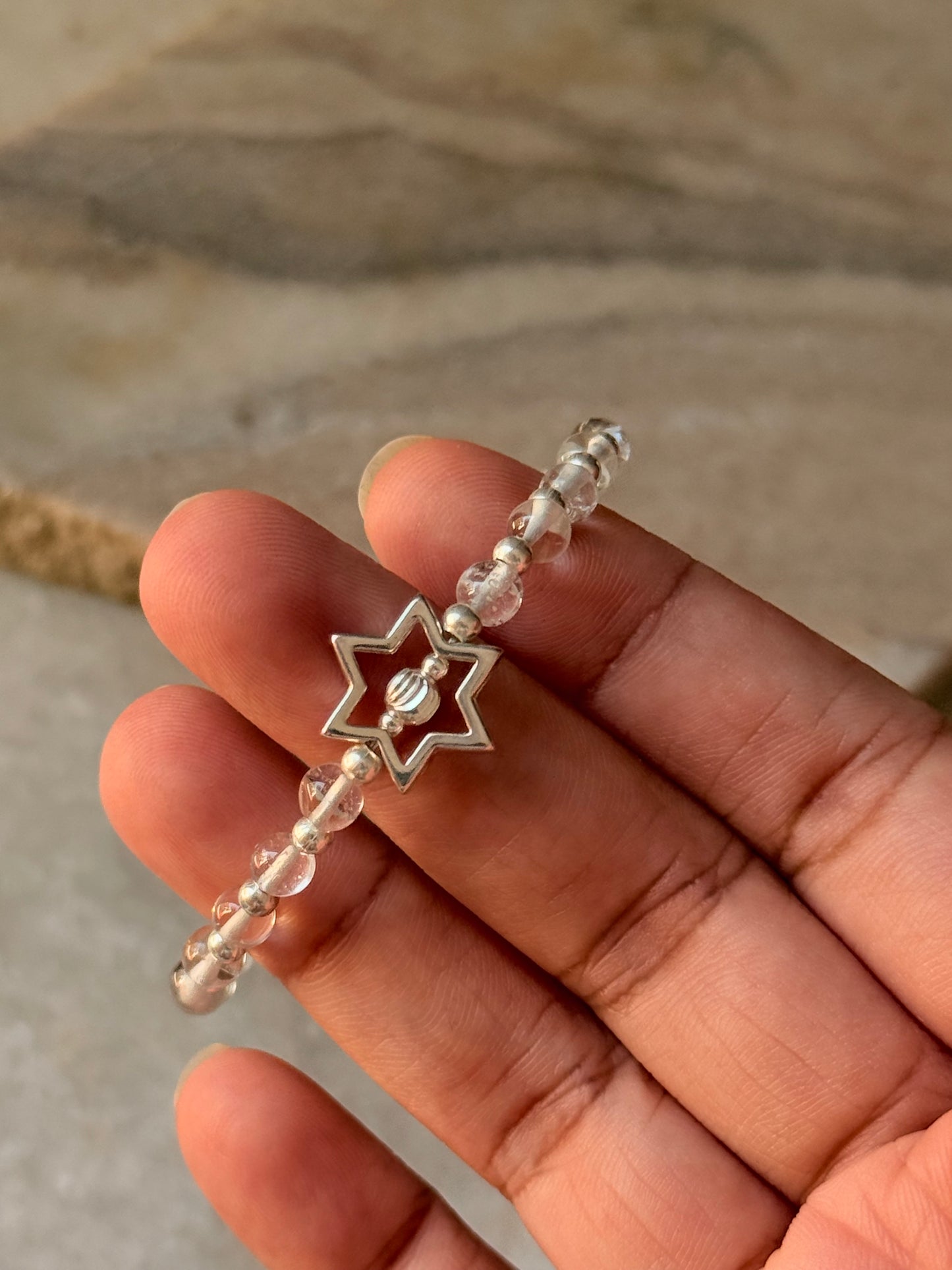 925 Sterling Silver Clear Quartz 4mm Silver Star Charm and Silver Disco Beads Bracelet - Beaded in Pure Silver 925 Wire