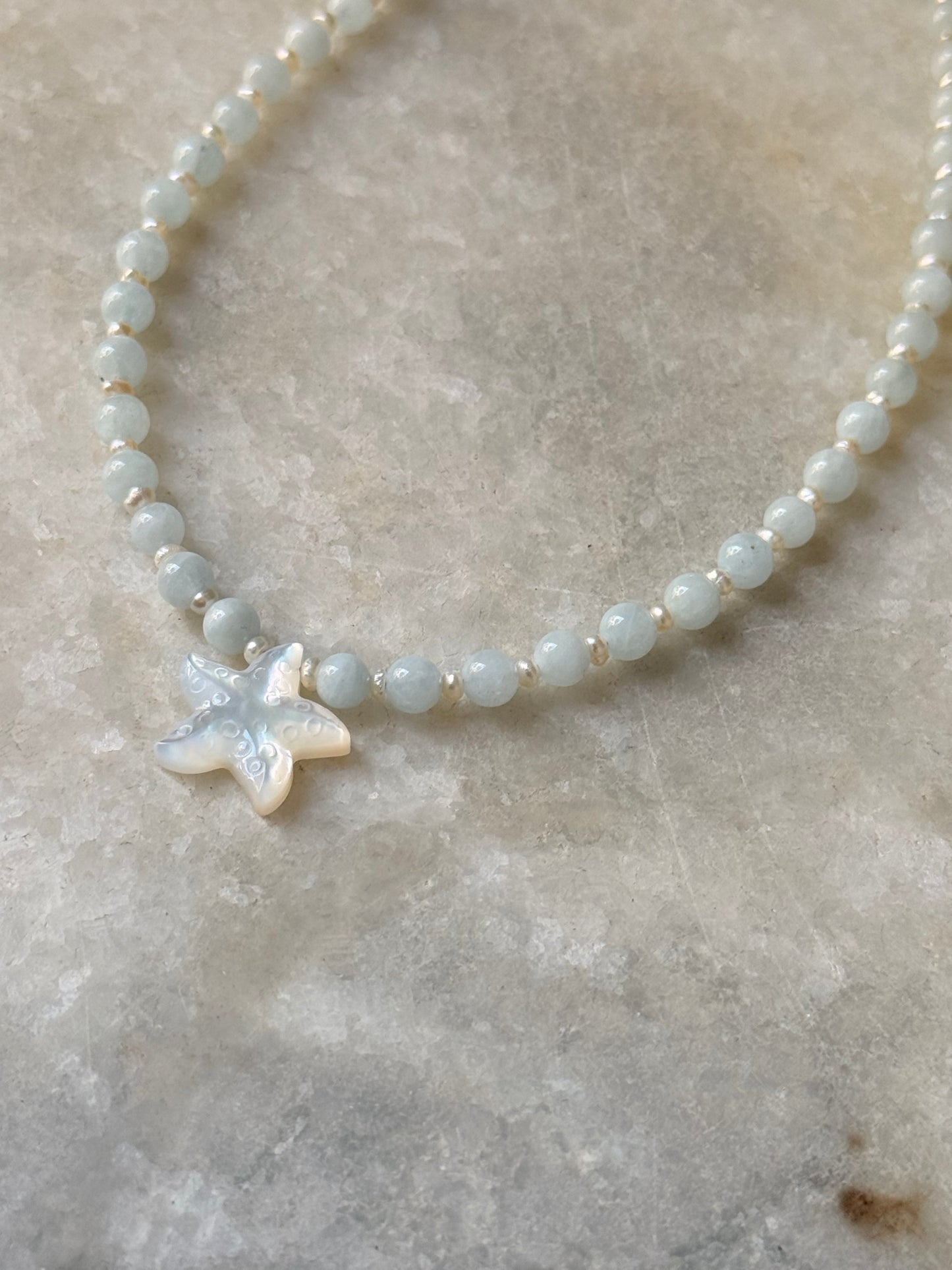 Natural Aquamarine, Shiny Pearls & Mother of Pearl Starfish 925 Sterling Silver Necklace