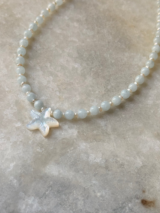 Natural Aquamarine, Shiny Pearls & Mother of Pearl Starfish 925 Sterling Silver Necklace