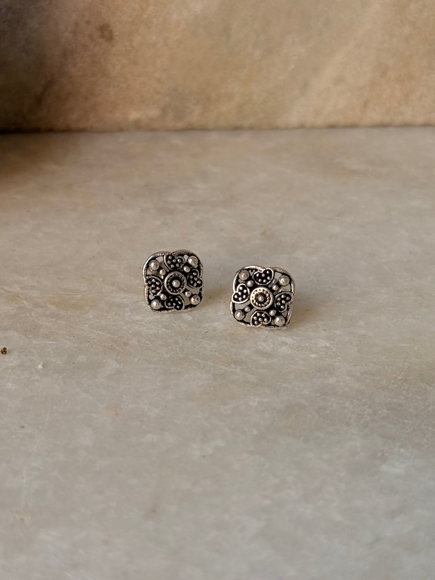 925 Sterling Silver Antique Plain Oxidised Boho Studs Earrings
