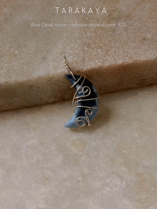 925 Sterling Silver Blue Opal Crescent Moon Wire Wrapped Handcrafted Pendant