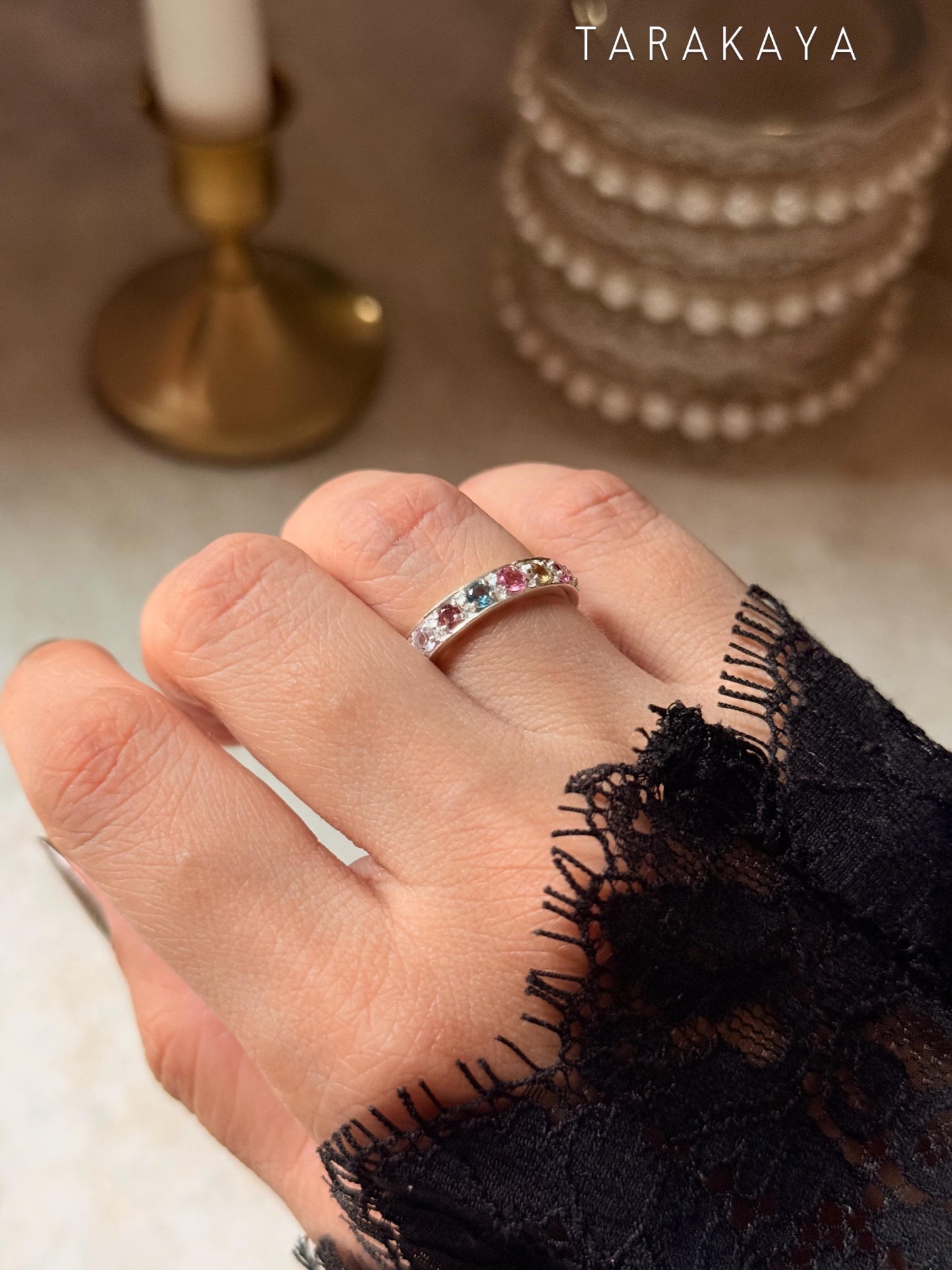 925 Sterling Silver Natural Multi Tourmaline Faceted Eternity White Band Ring