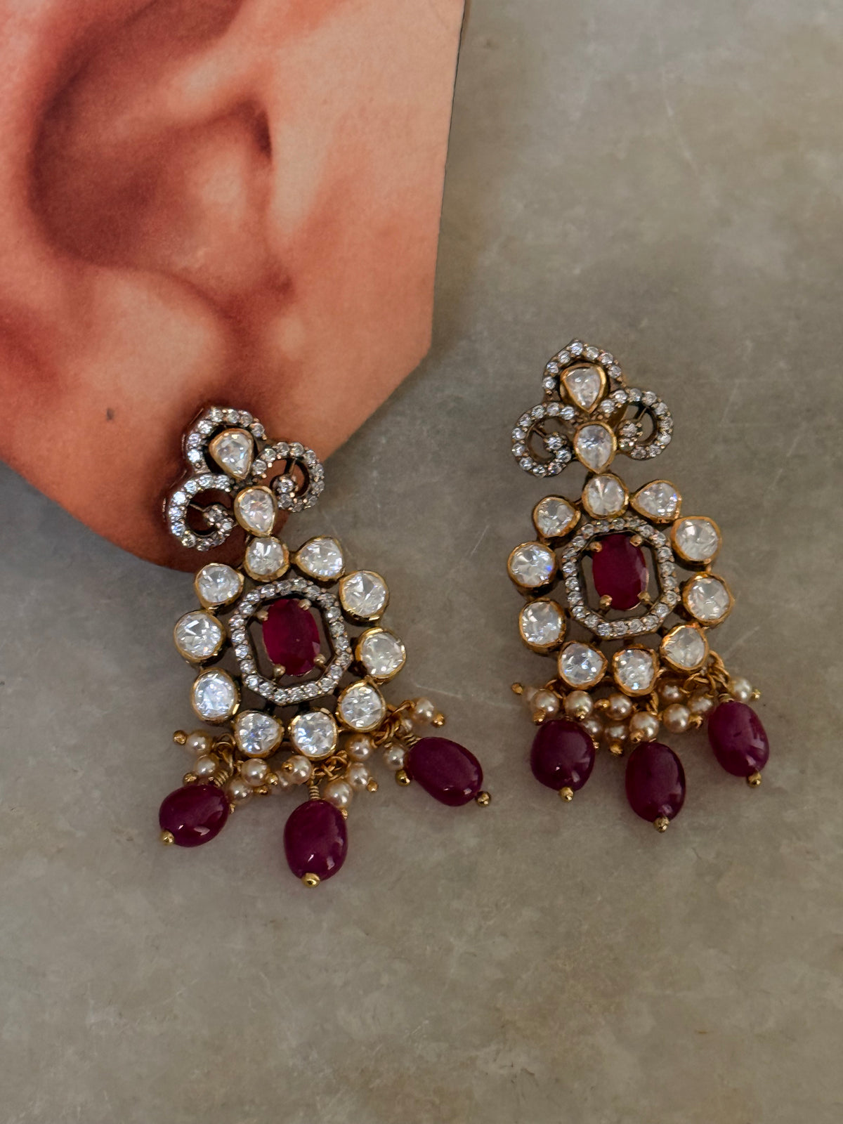 925 Sterling Silver Moissanite Polki,Dyed Ruby ,Cz & Fresh Water Pearls Gold Plated Statement Earrings