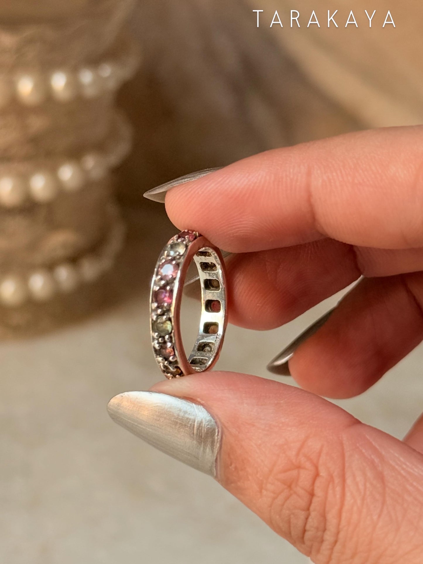 925 Sterling Silver Natural Multi Tourmaline Faceted Eternity Black Band Ring