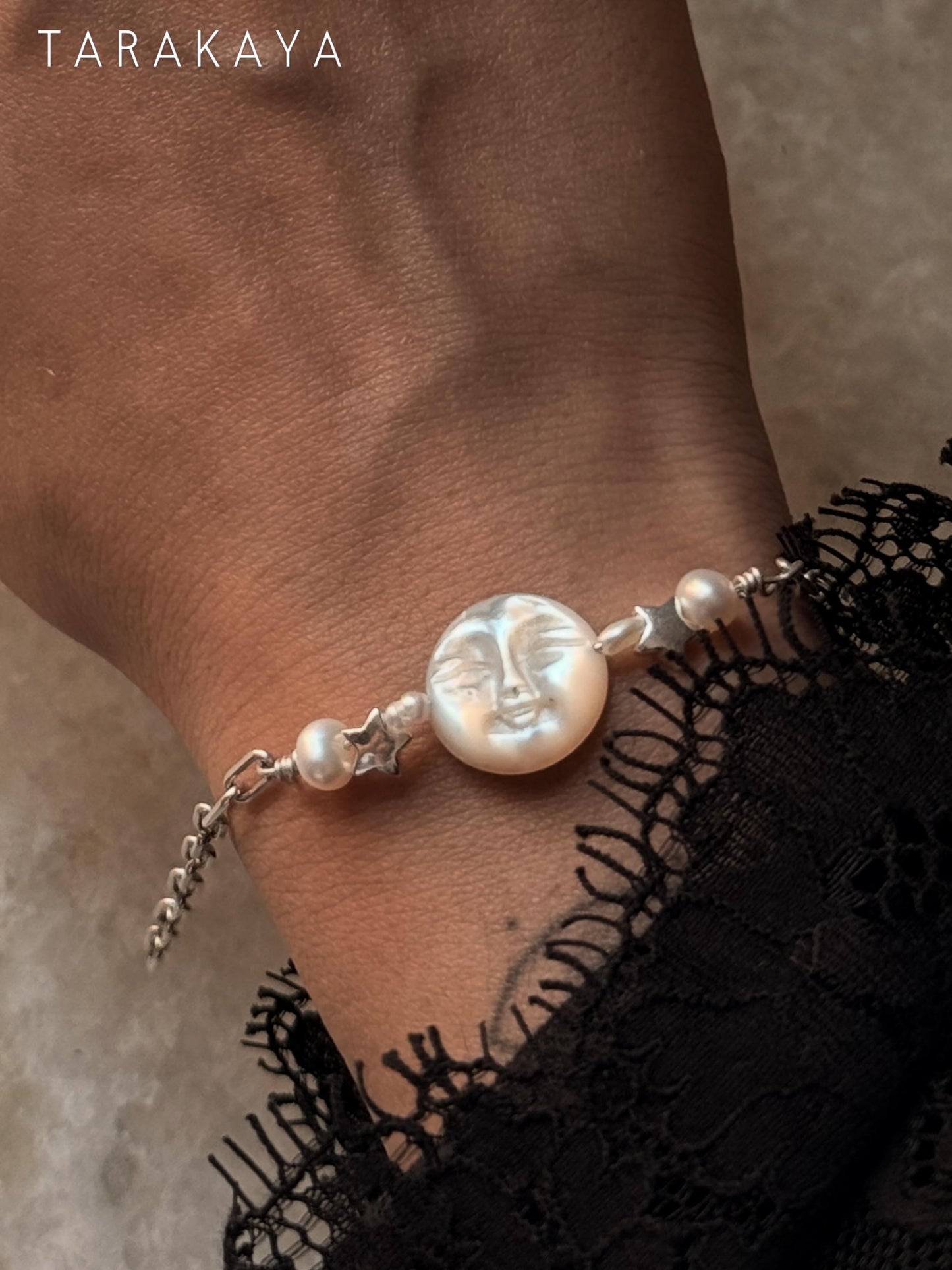 925 Sterling Silver Mother of Pearl Moon Face, Fresh Water Pearls & Silver Stars Self Designed Handcrafted Bracelet