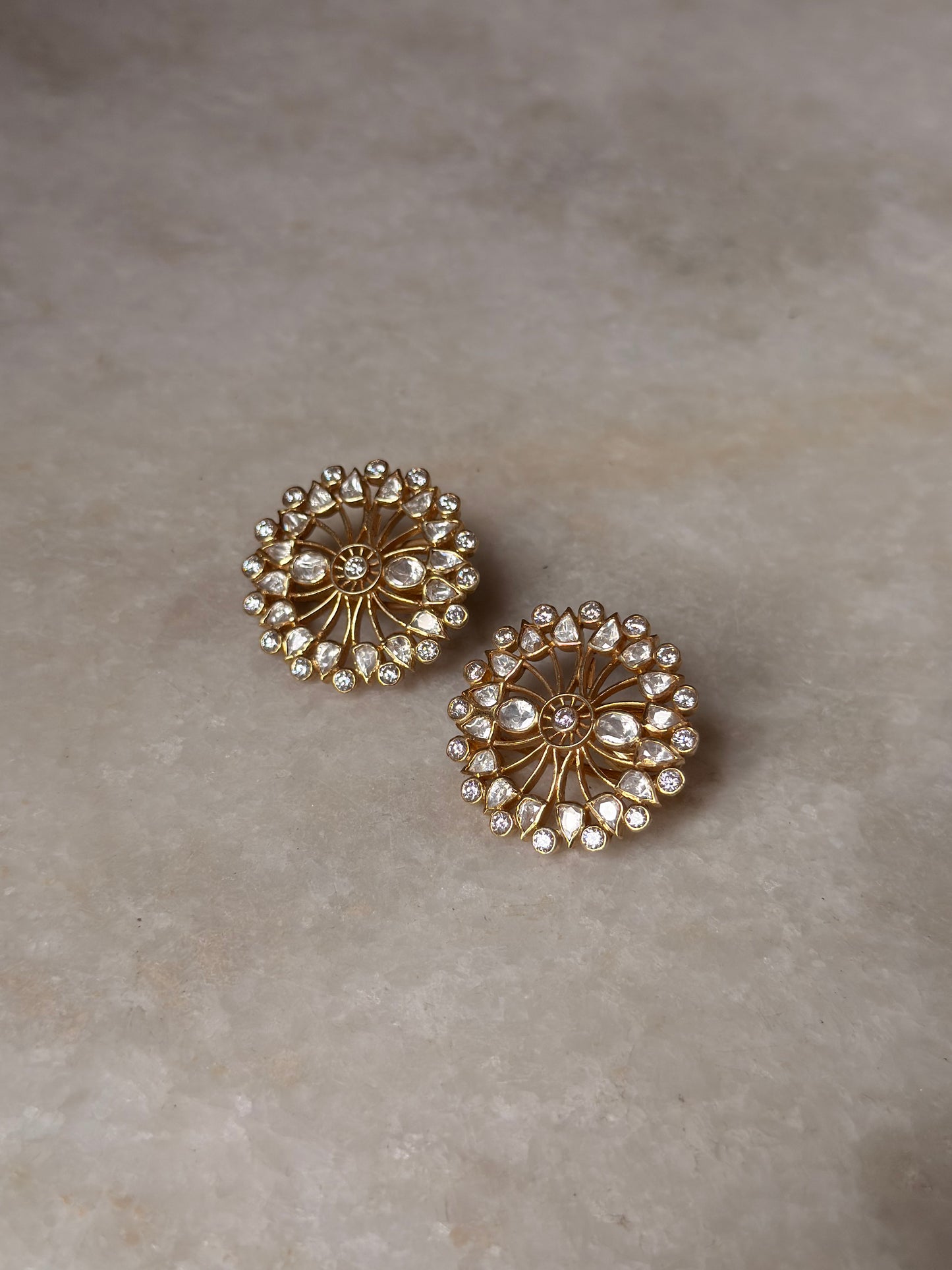 Elegant 925 Sterling Silver Gold Plated Big Flower Moissanite Polki Earrings