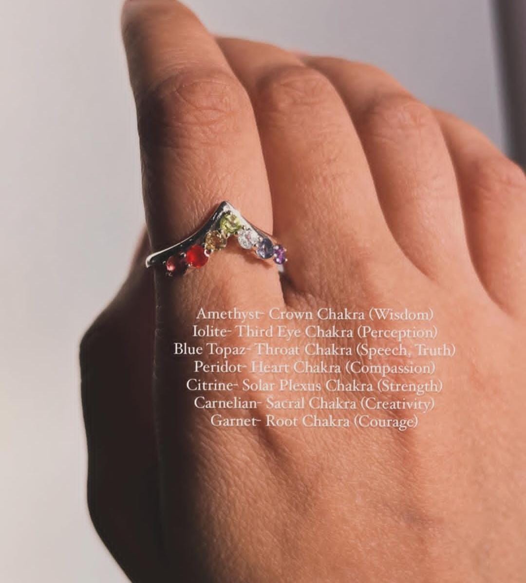 Sterling silver ring with V design and seven chakra stones