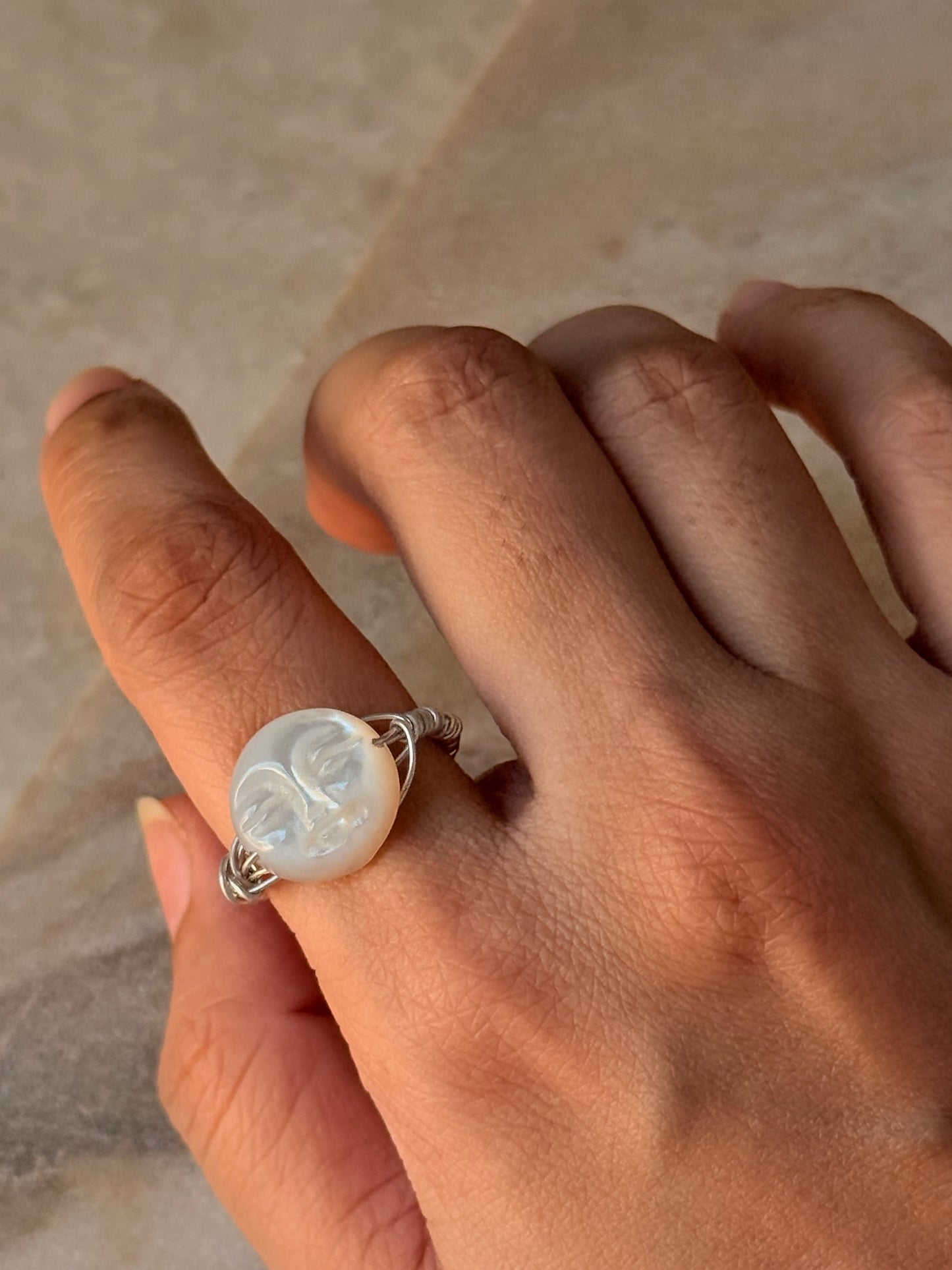 925 Sterling Silver Mother of Pearl Moon Face Wire Wrapped Handcrafted Ring