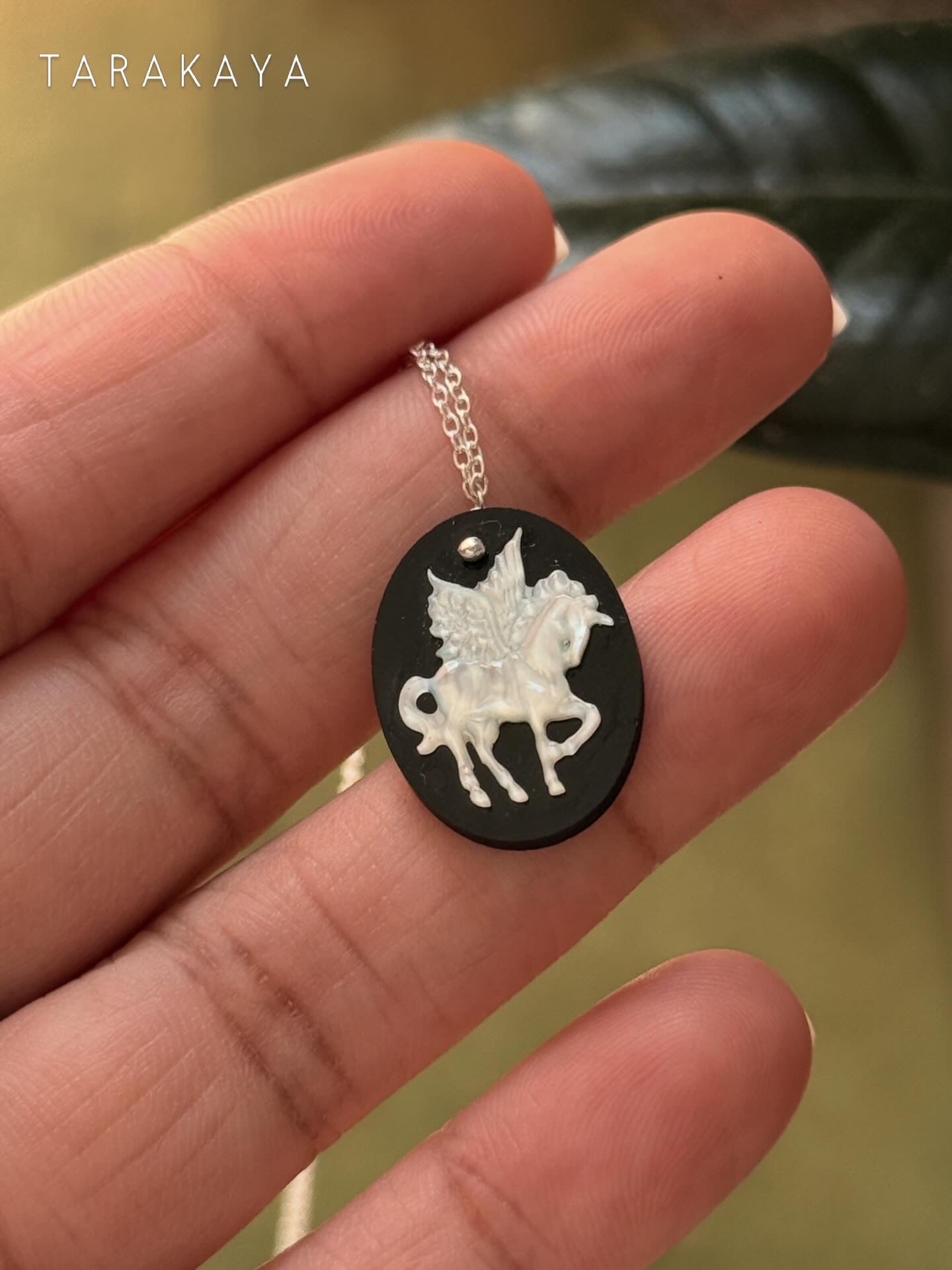 925 Sterling Silver Black Onyx, Mother of Pearl Unicorn Carved Handcrafted Necklace