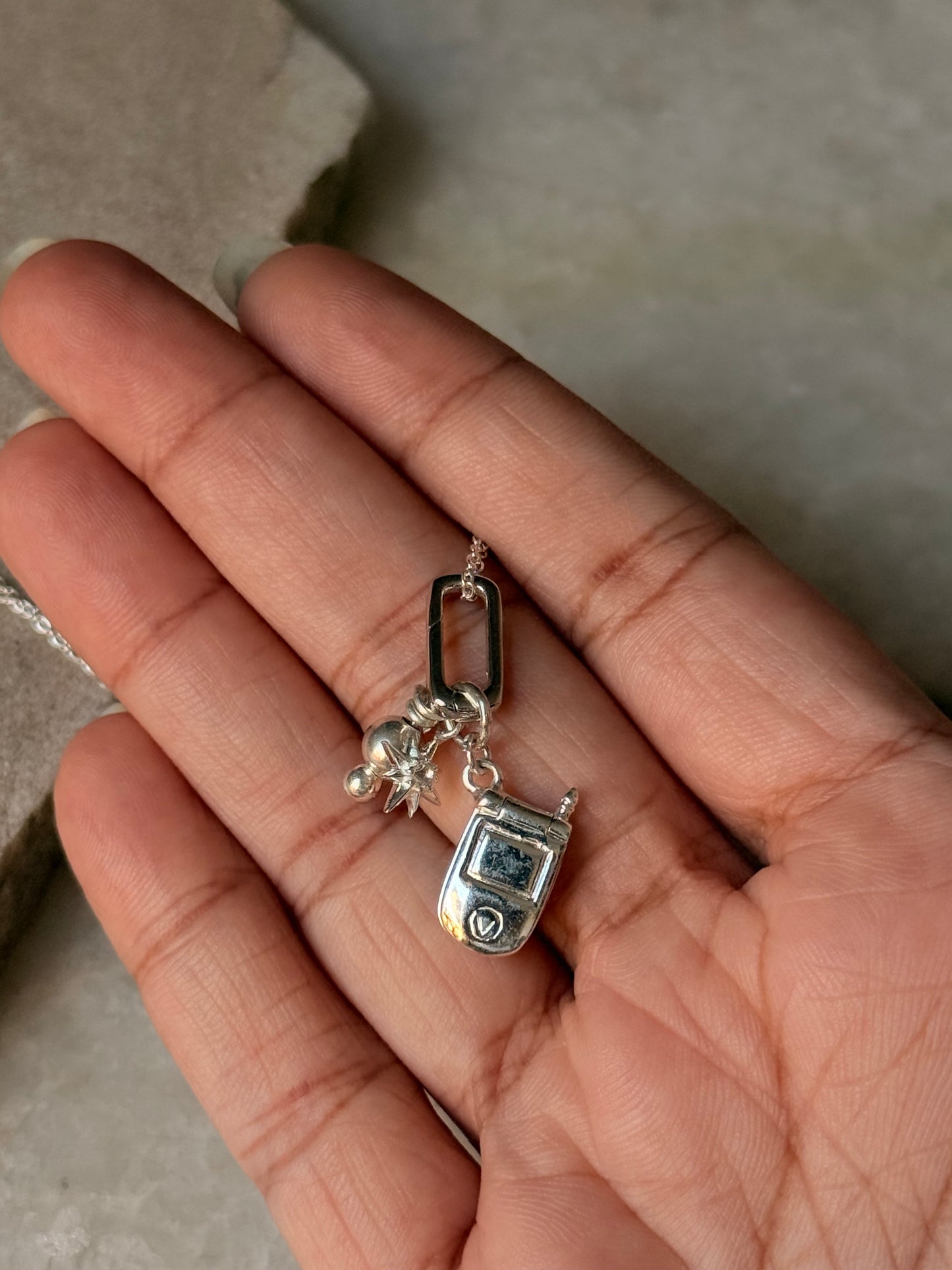 925 Sterling Silver Flip Mobile Phone, White Topaz North Star and Silver Bead With Italian Rectangular Charm Connector