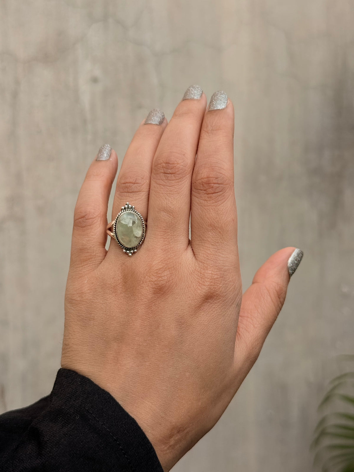 925 Sterling Silver Prehnite Oval Rawa Boho Ring