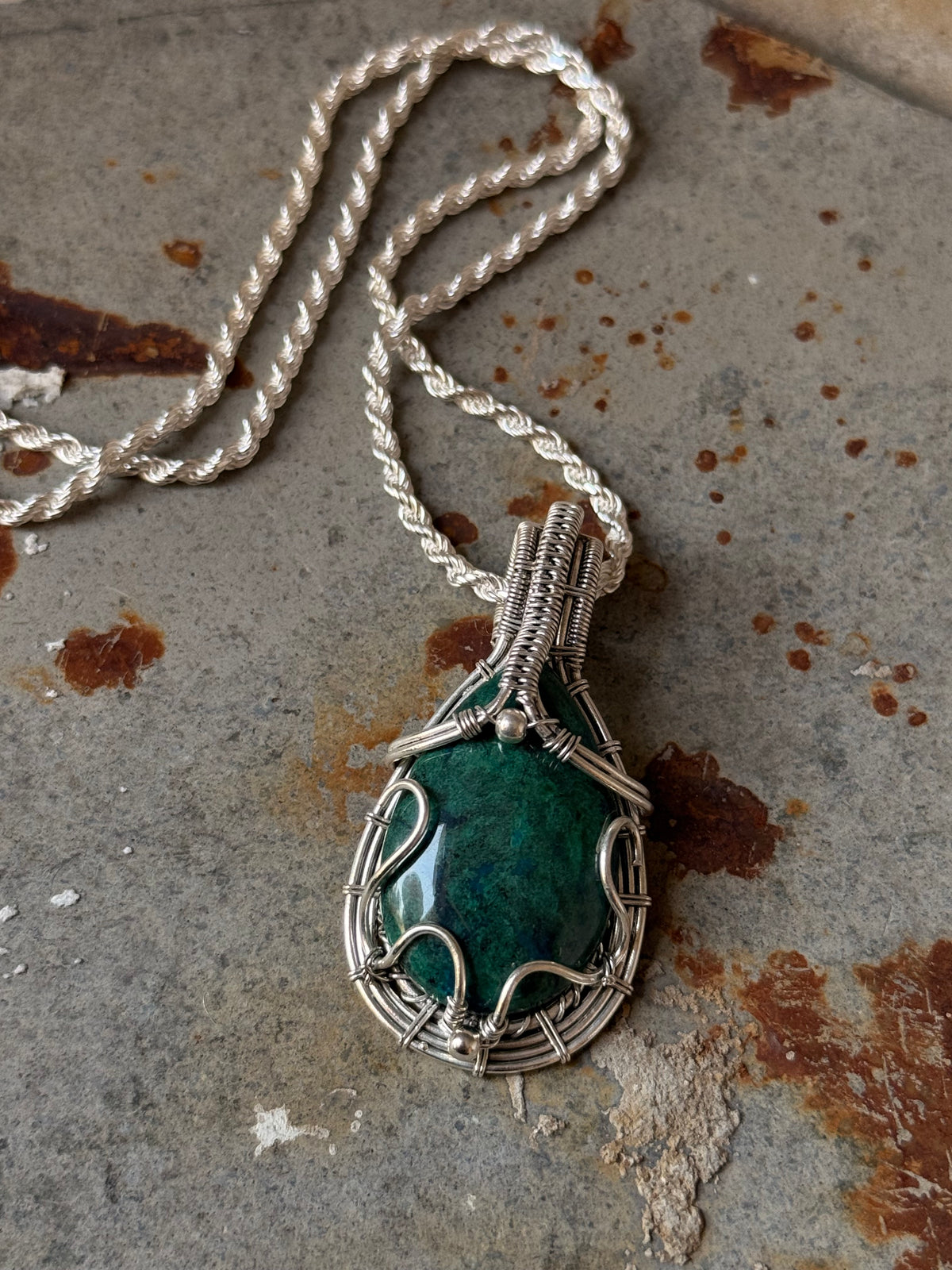 925 Sterling Silver Azurite Pear Wire Wrapped Handcrafted One of a Kind Pendant
