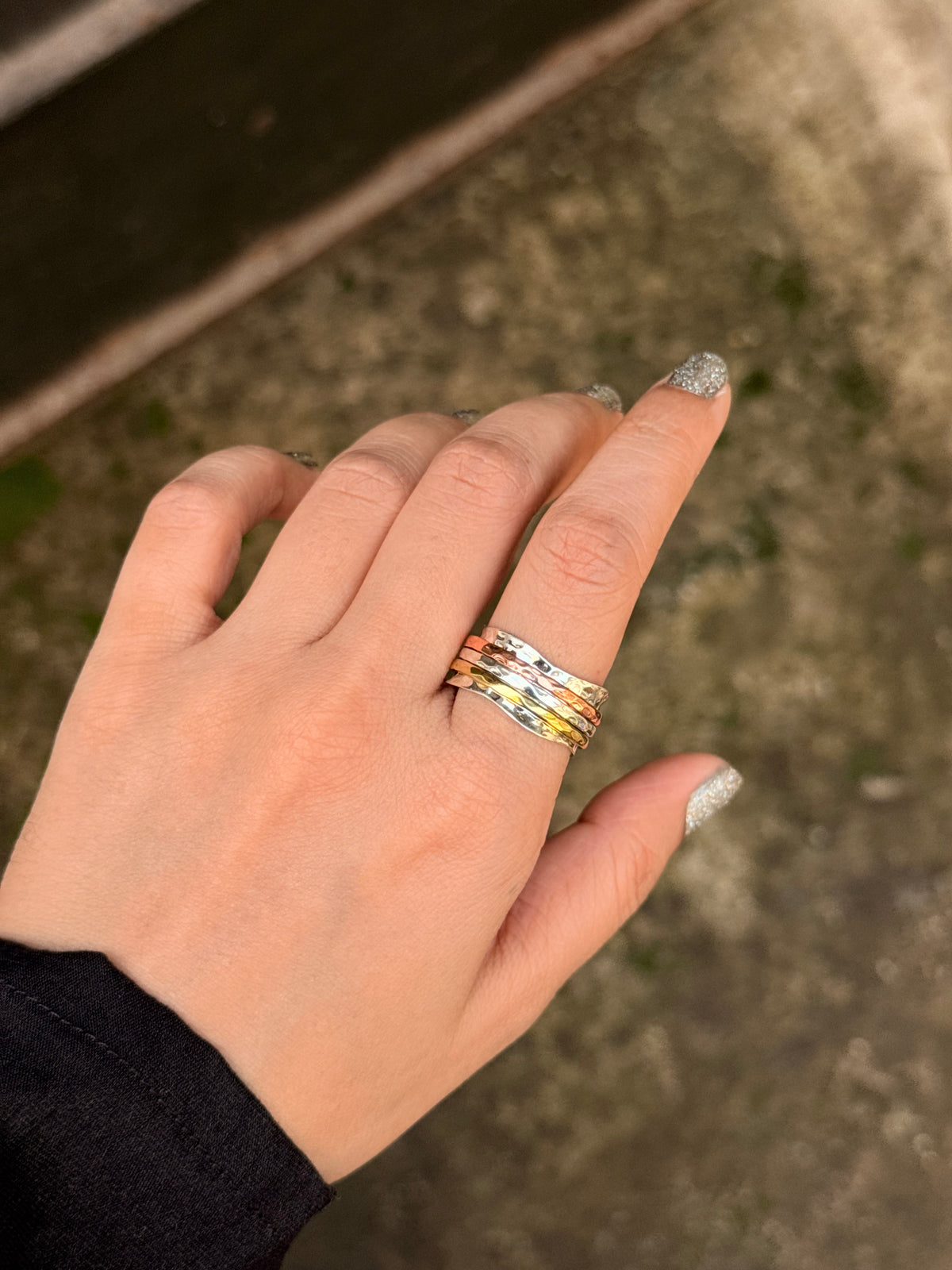 925 Sterling Silver Triple Tone - Brass • Copper • Silver Moving Bands Spinner / Fidget Ring