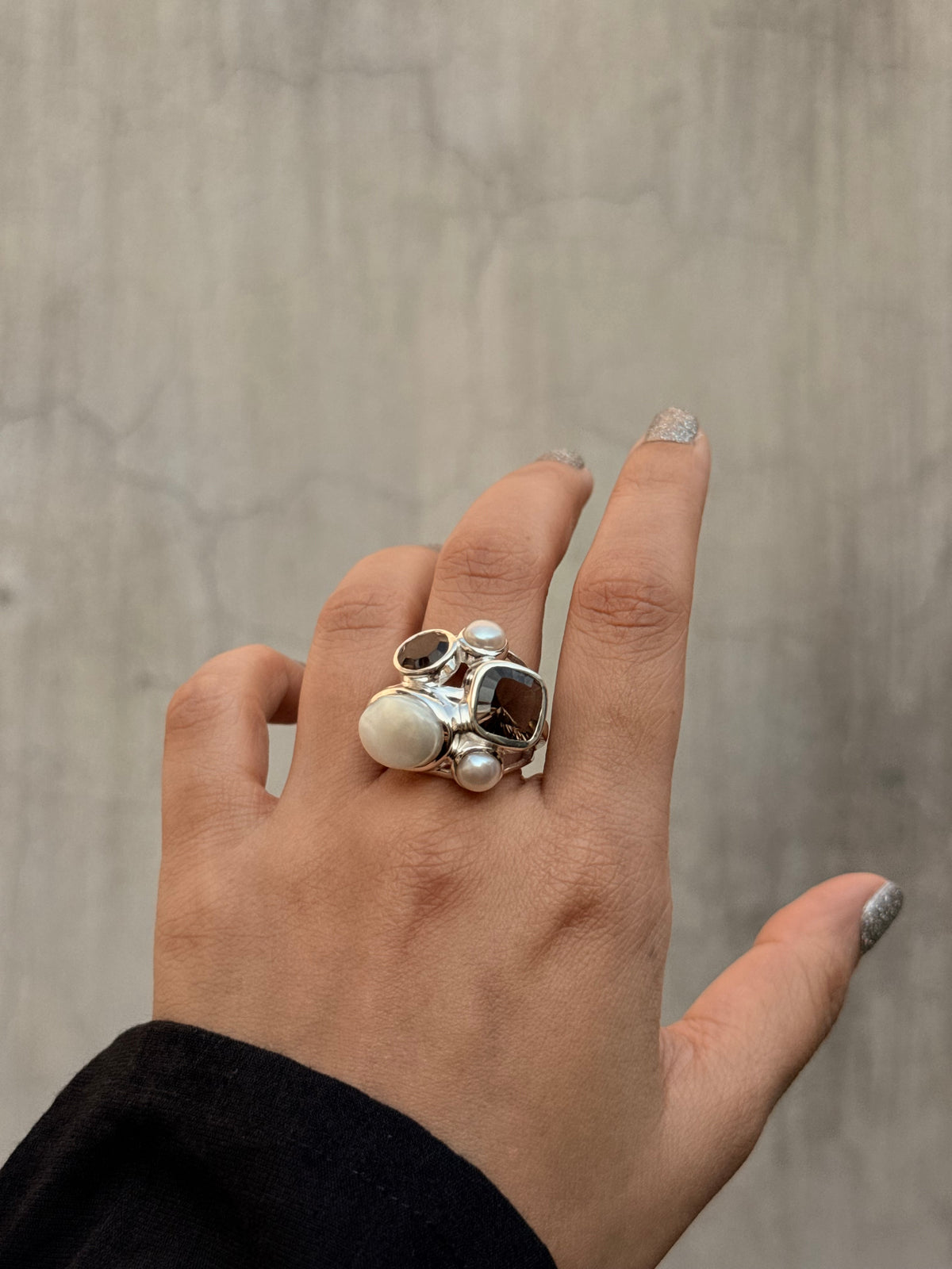 925 Sterling Silver Fresh Water Pearls & Smokey Quartz Cluster Statement Ring