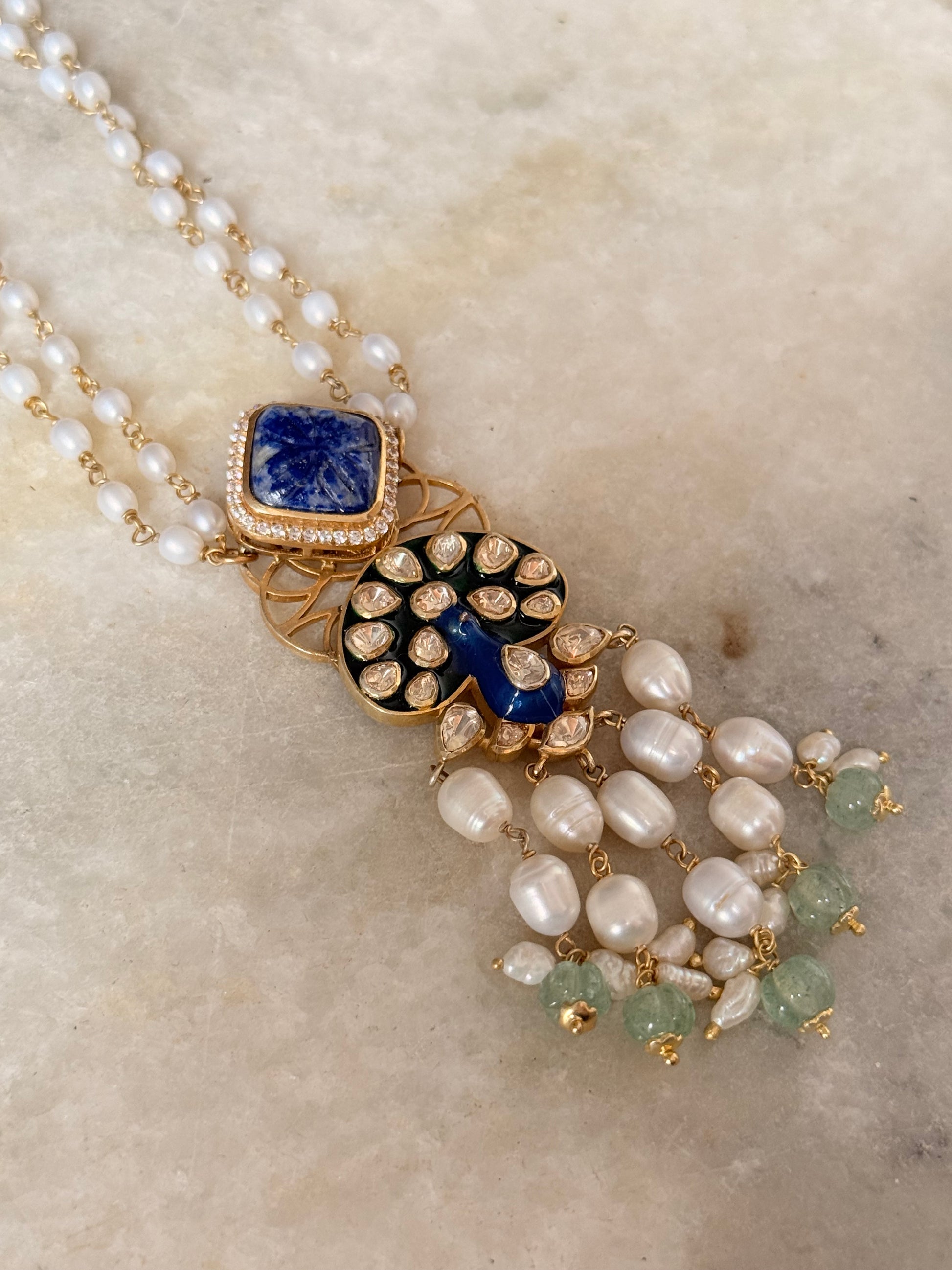 925 Sterling Silver Gold Plated Peacock - Antique Moissanite Polki Meenakari , Fresh water Pearls , Strawberry quartz , Lapis carved Necklace