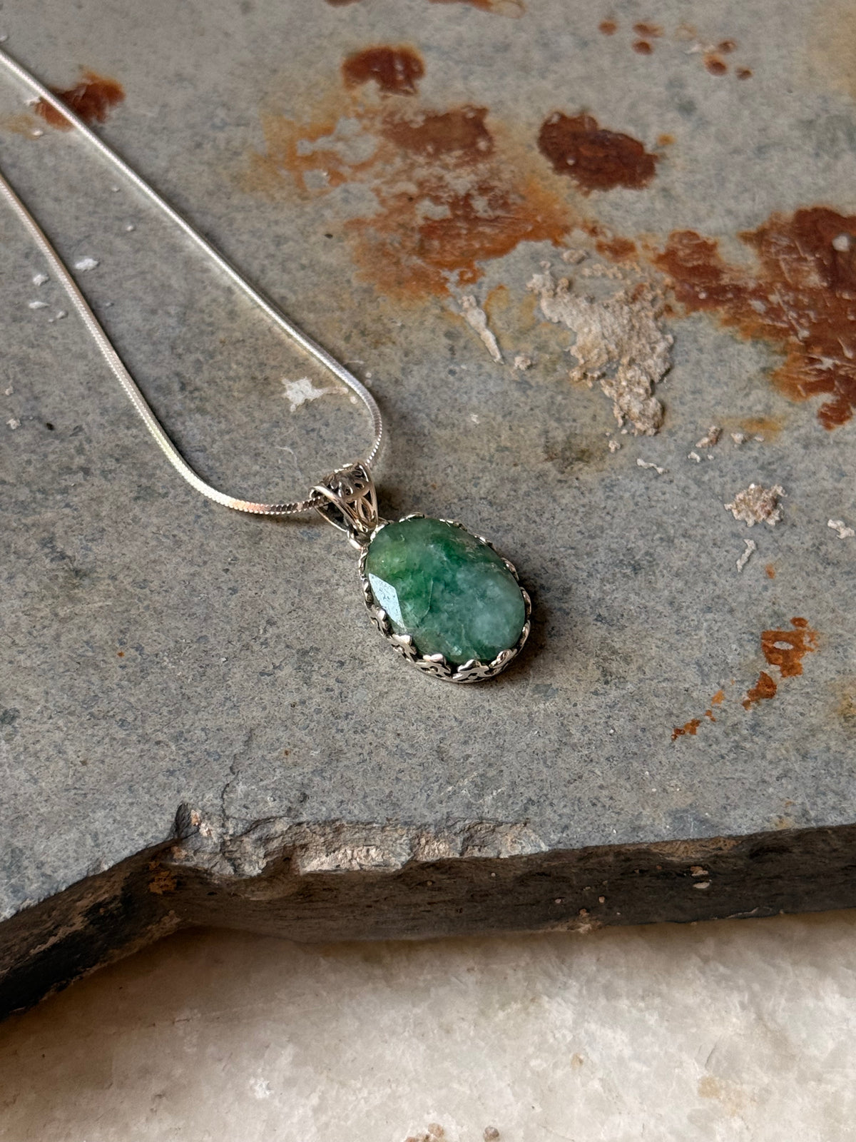 925 Sterling Silver Green Aventurine Faceted Oval Boho Handcrafted One of a Kind Pendant