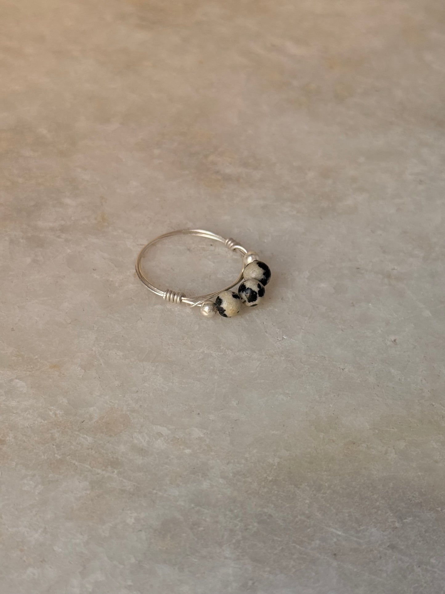 925 Sterling Silver Dalmatian Jasper Crystal - Silver balls Wire Wrapped Handcrafted Ring