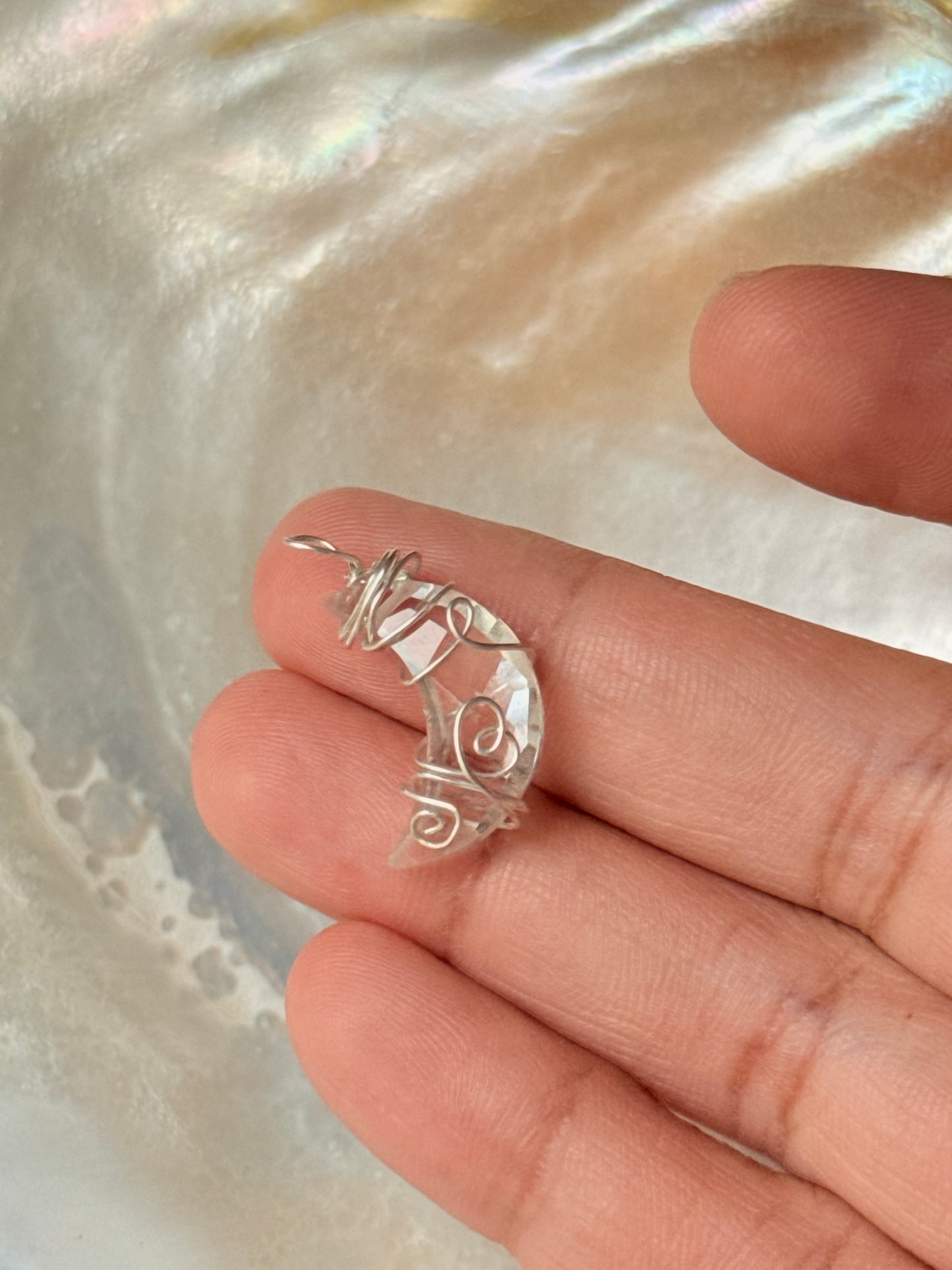 925 Sterling Silver Clear Quartz Moon Wire Wrapped Handcrafted Pendant