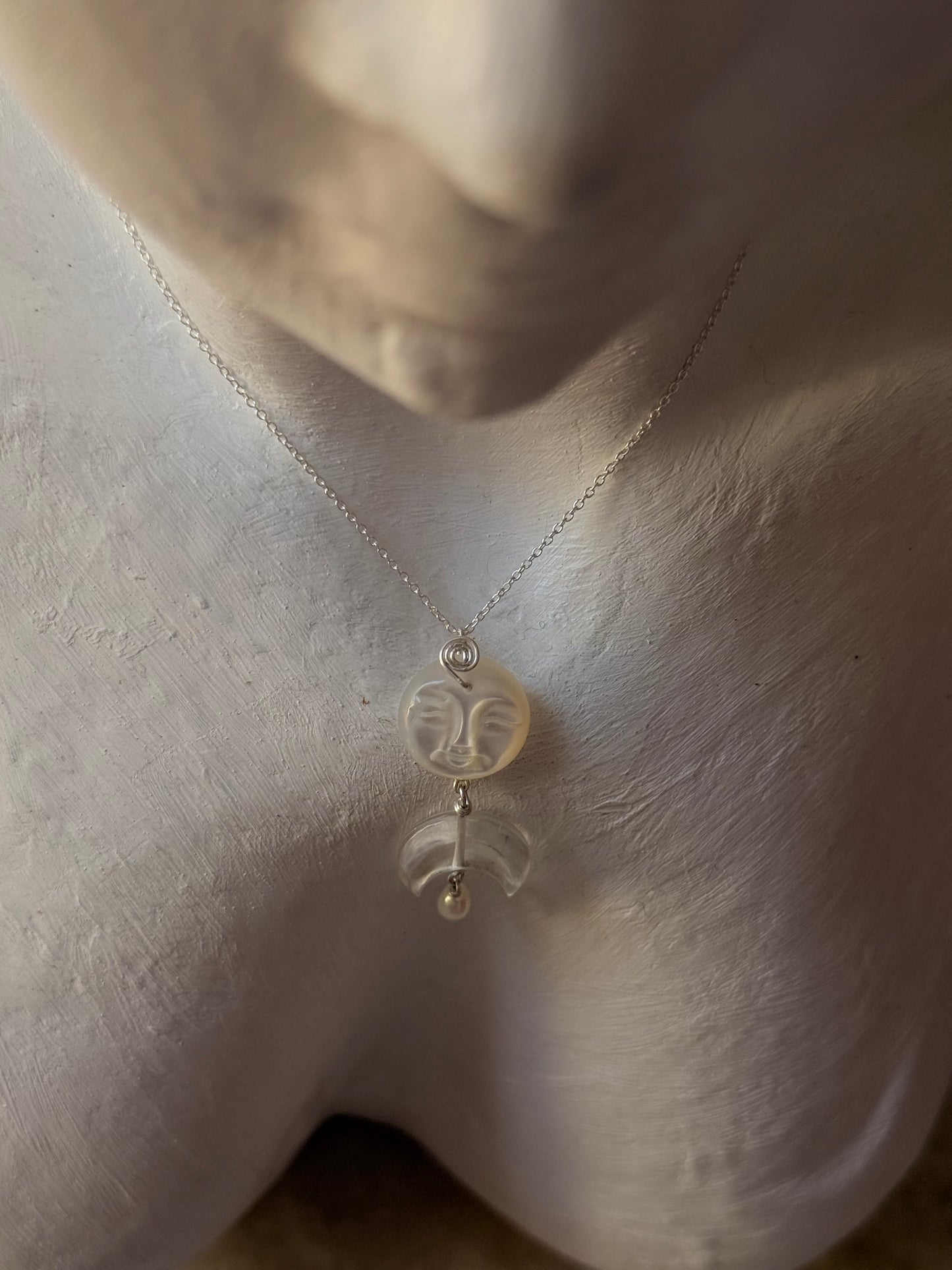 925 Sterling Silver Mother of Pearl Full Moon Face Spiral Carved, Clear Quartz Moon Handcrafted Necklace