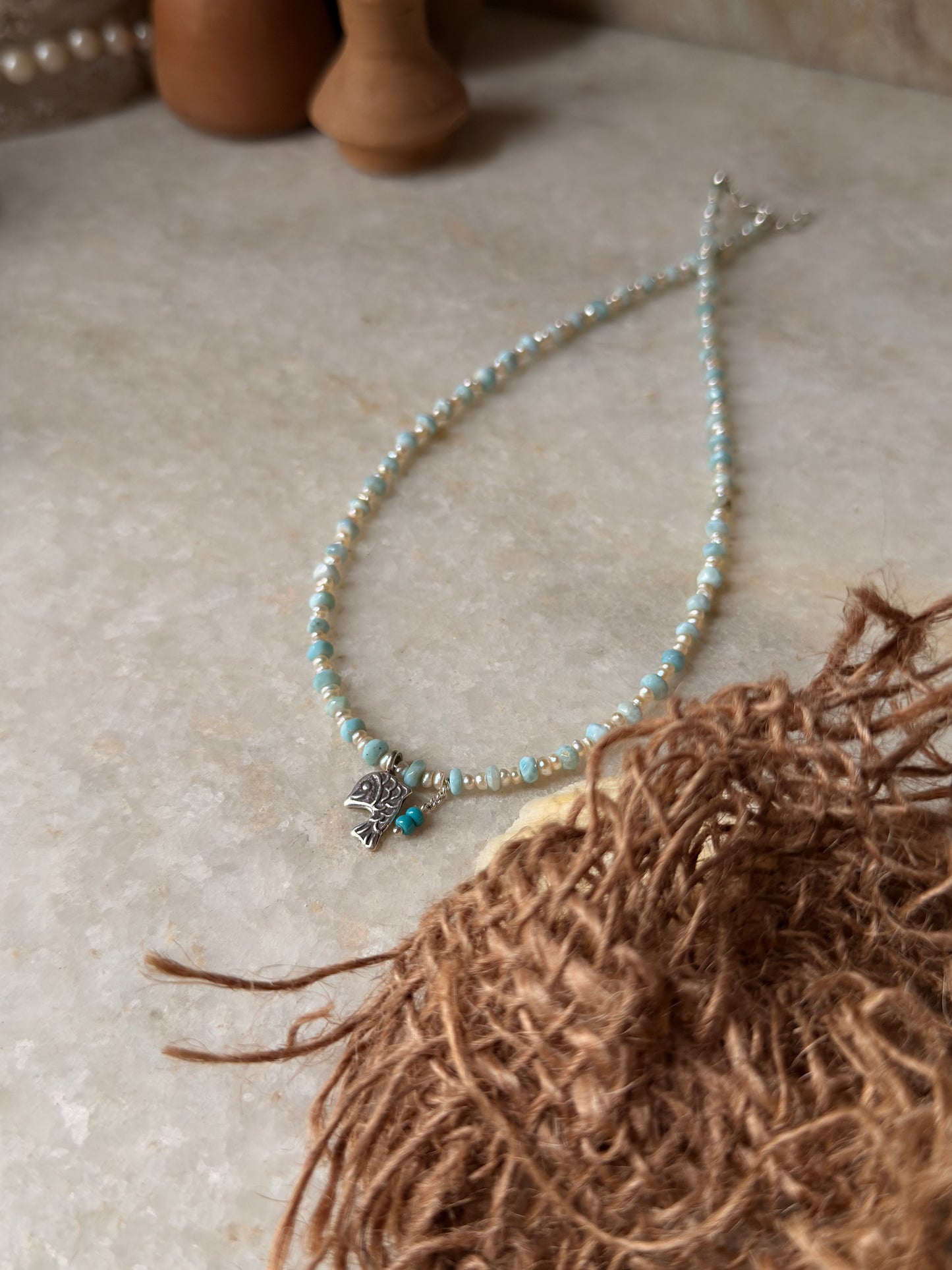Natural Larimar, Fresh Water Pearls , Silver Fish Charm & Blue Bead Hanging Charm Handcrafted 925 Sterling Silver Necklace