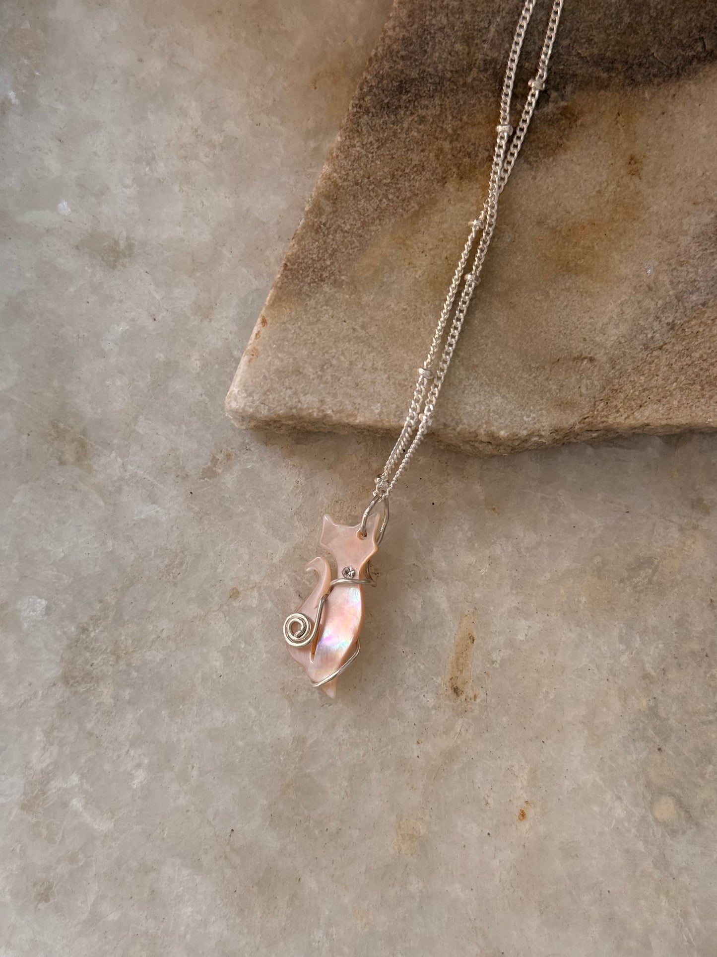 925 Sterling Silver Mother of Pearl Cat Cable Dot Handcrafted Necklace